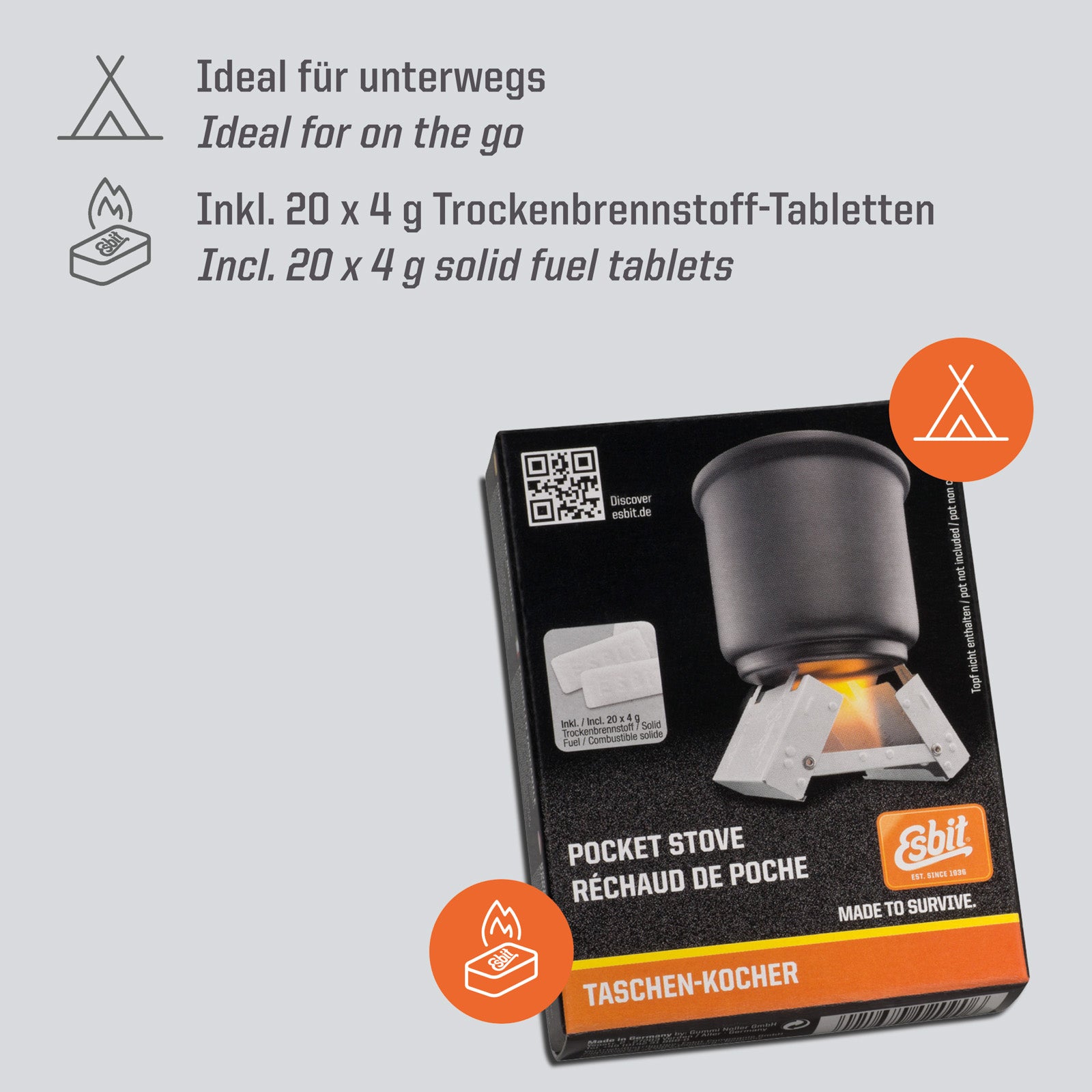 ESBIT Trockenbrennstoff Taschenkocher Outdoor Camping Kocher Klein Leicht 20x4g