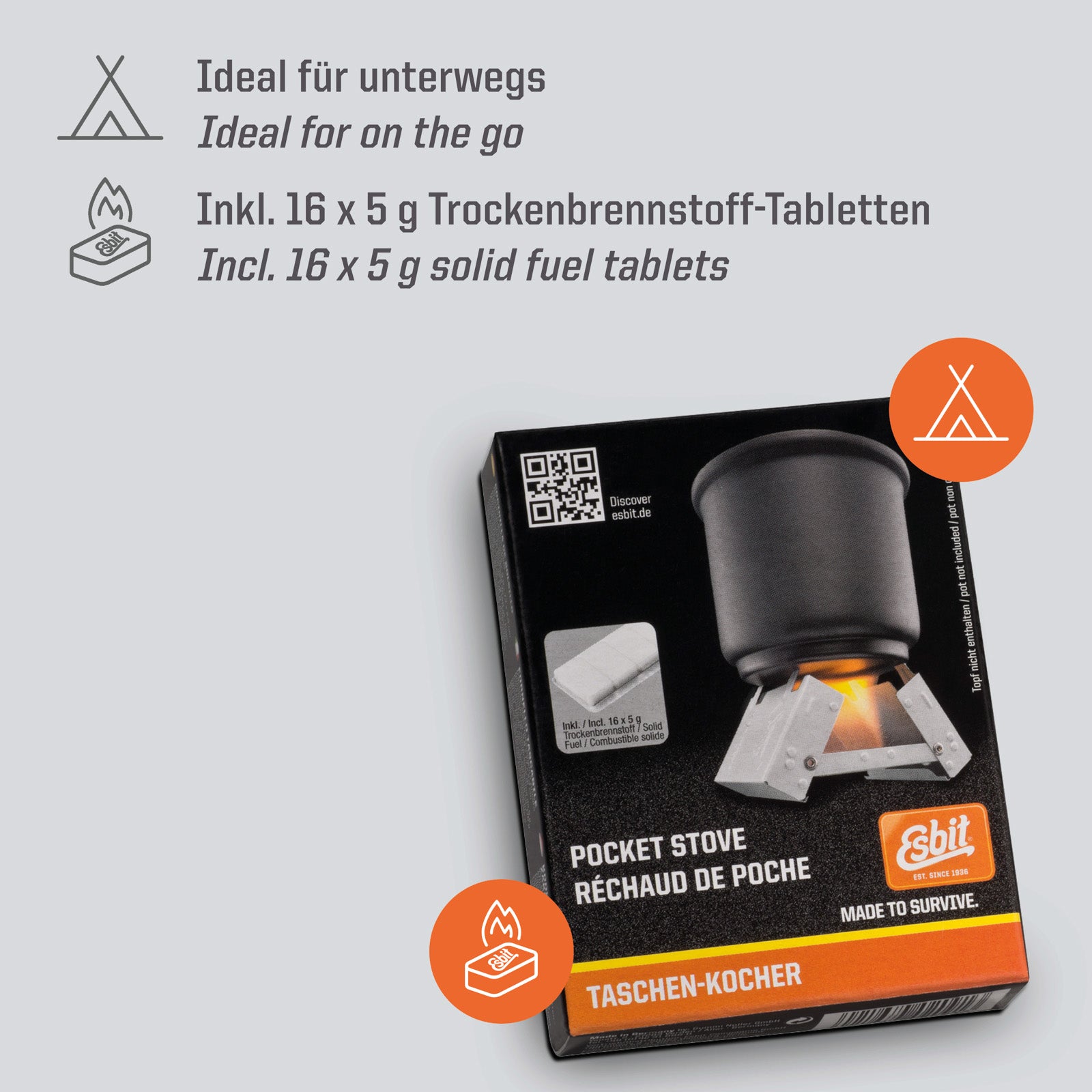 ESBIT Trockenbrennstoff Taschenkocher Outdoor Camping Kocher Klein Leicht 16x5g