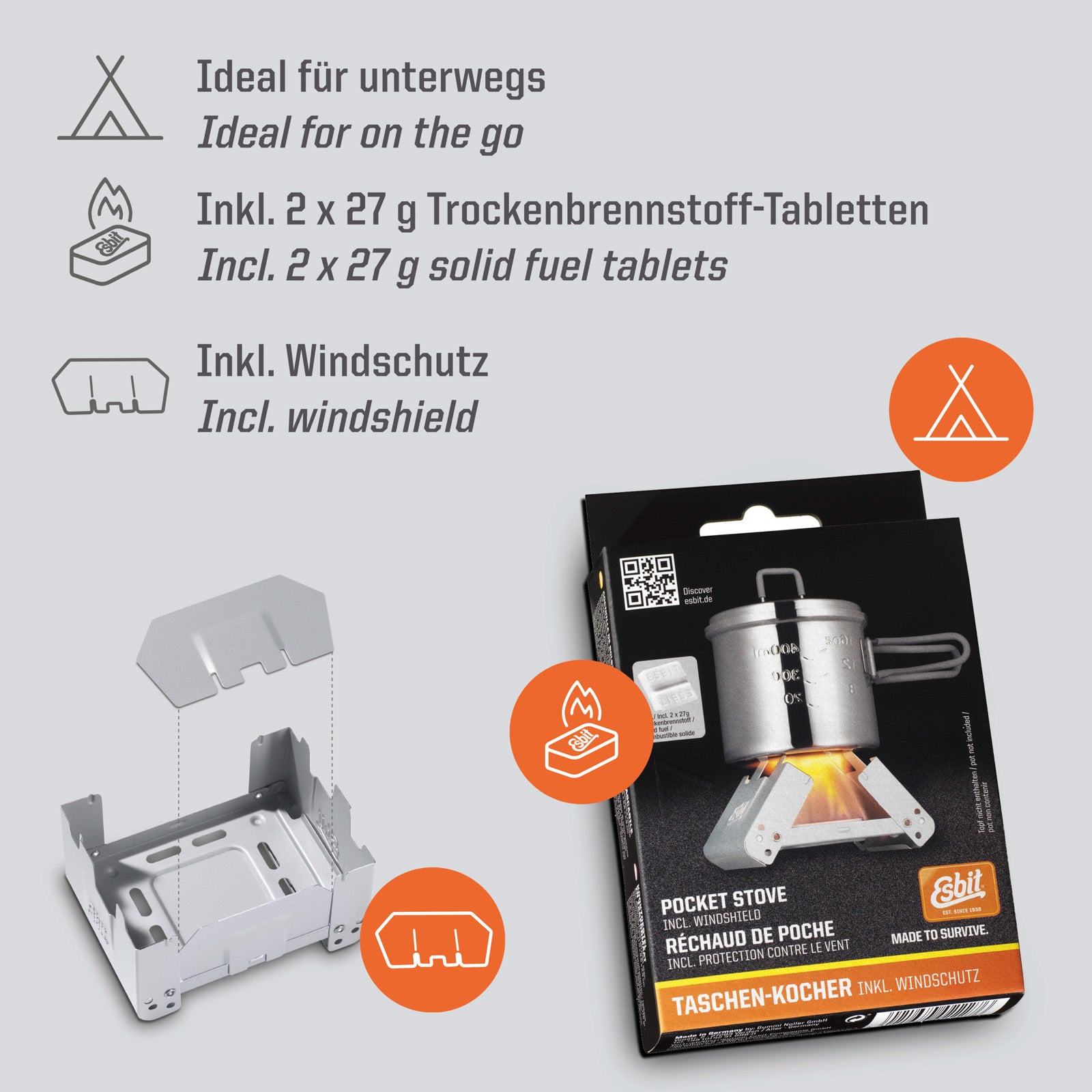 ESBIT Trockenbrennstoff Taschenkocher Outdoor Camping Kocher Klein Leicht 2x27 g