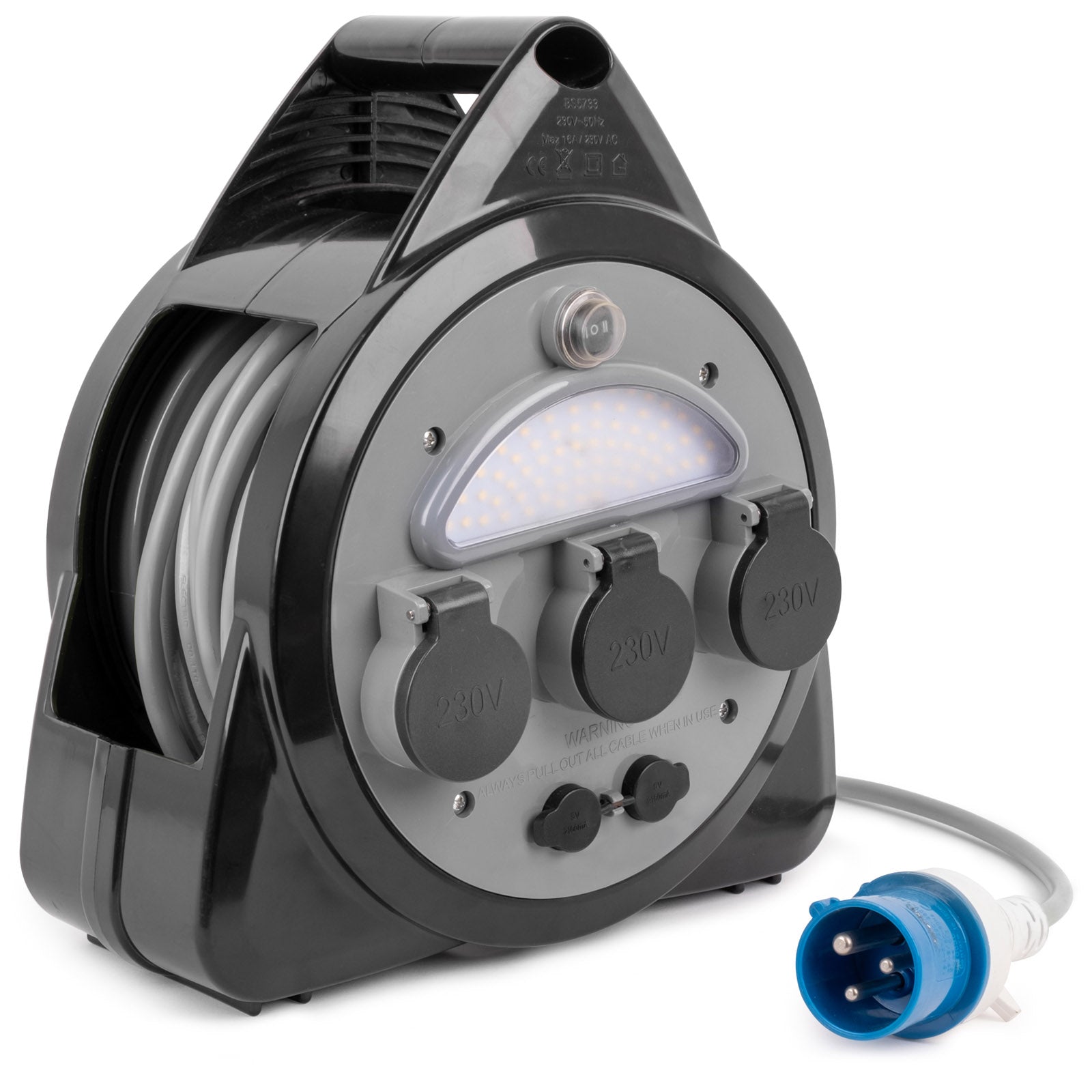 Enrouleur de câble BRUNNER CEE embarqué 3 fiches contact de protection lampe extérieur USB 15 m