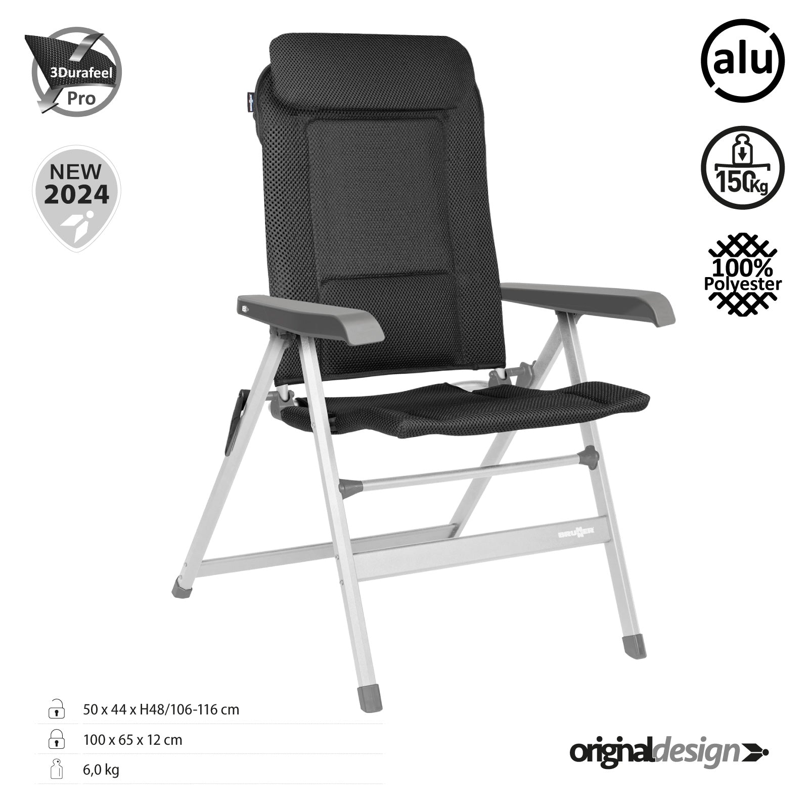 Chaise de camping pliante BRUNNER Rebel H2L, dossier haut réglable en aluminium