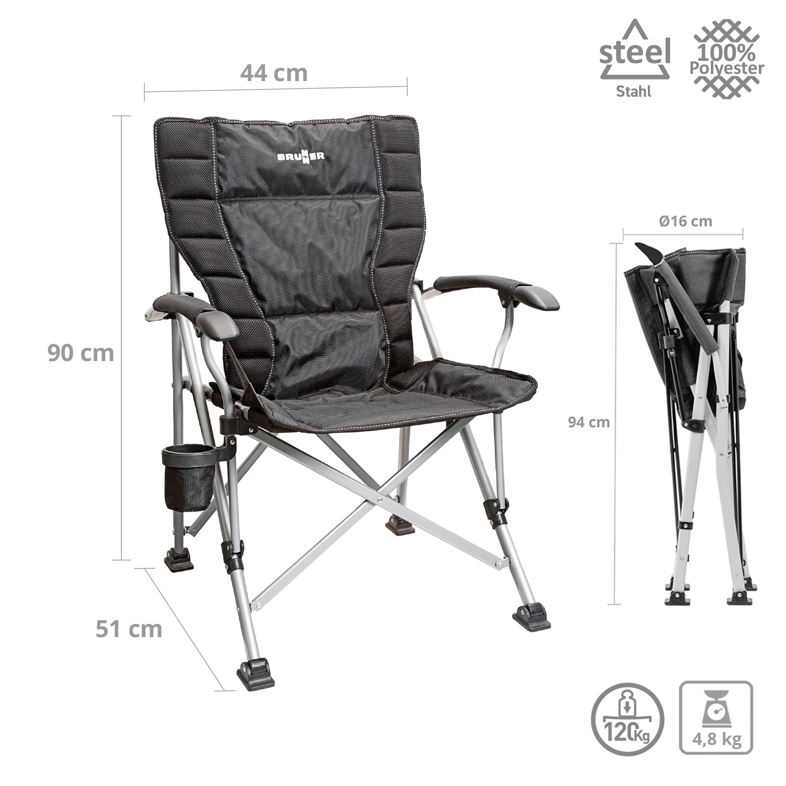 Chaise de camping pliante BRUNNER Raptor NG 2.0, rembourrage 3D, acier, 120 kg