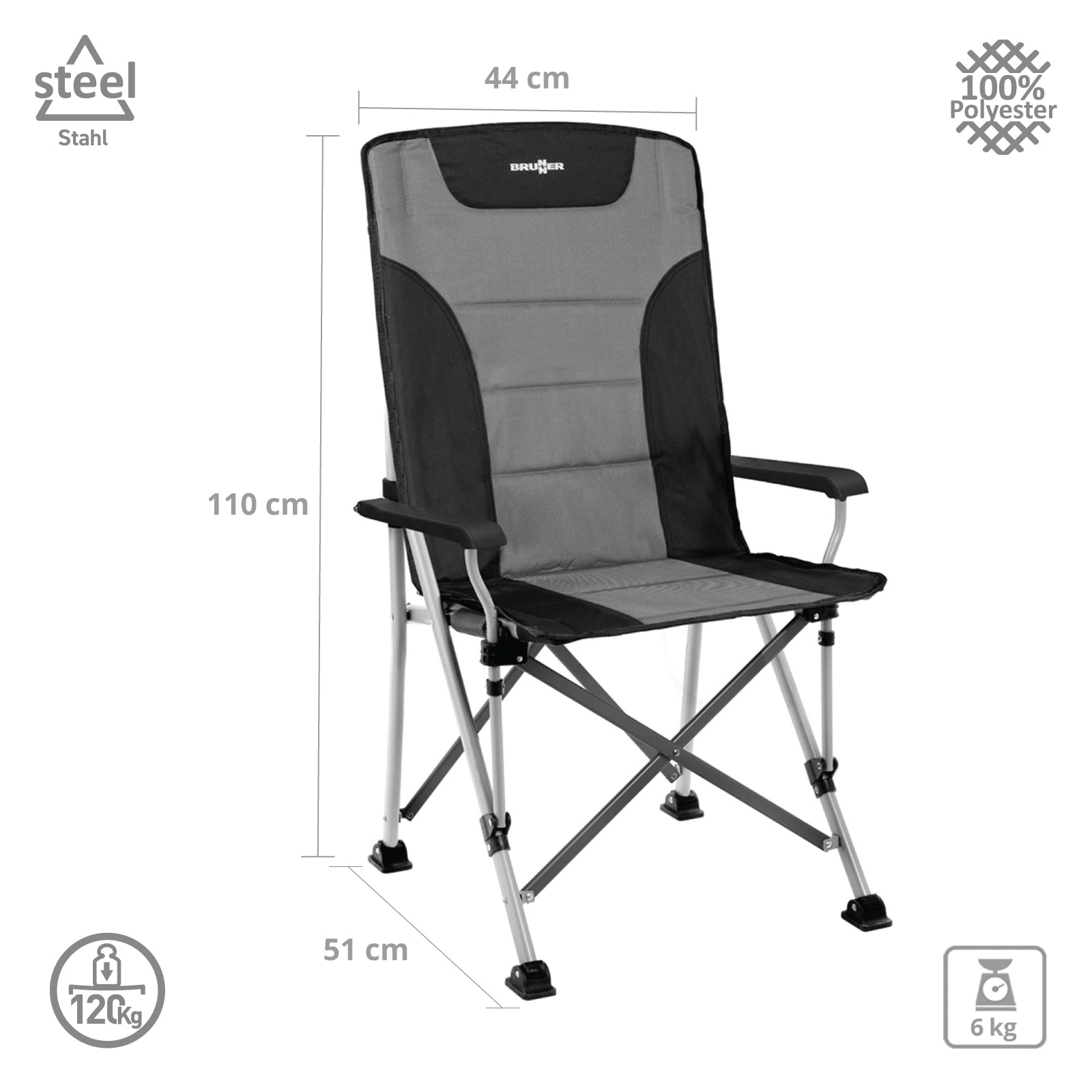 BRUNNER Campingstuhl Hochlehner Raptor High Back Klappstuhl Verstellbar 120 kg
