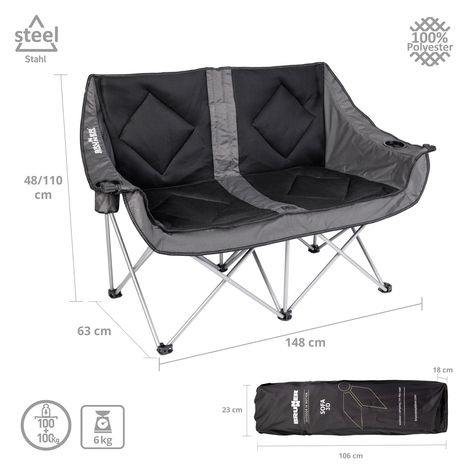 Canapé de camping BRUNNER Action 3D Double Lounge 2 personnes Chaise pliante Canapé 200 kg