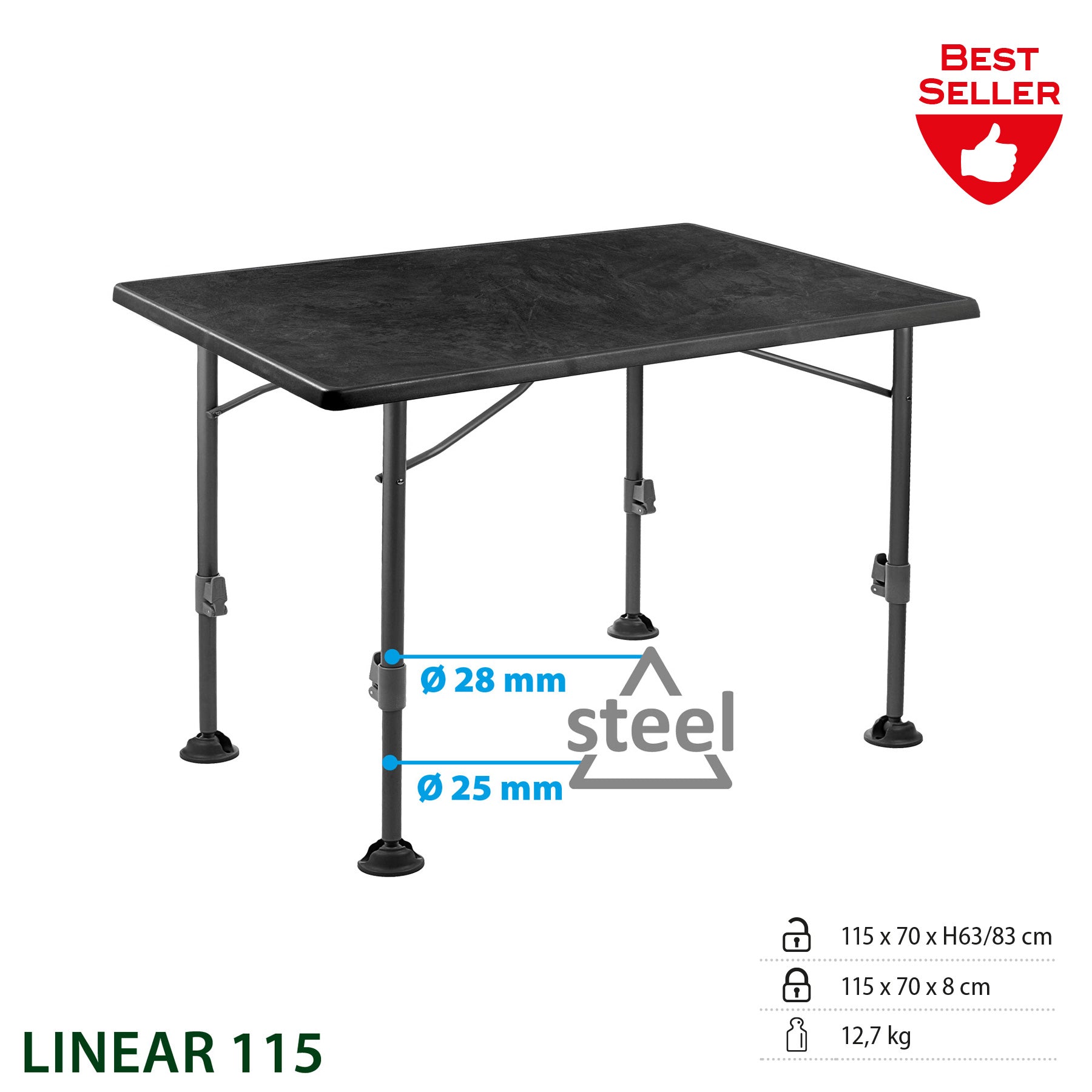 BRUNNER Klapptisch Linear Black 115 Campingtisch Falttisch Höhenverstellbar XL