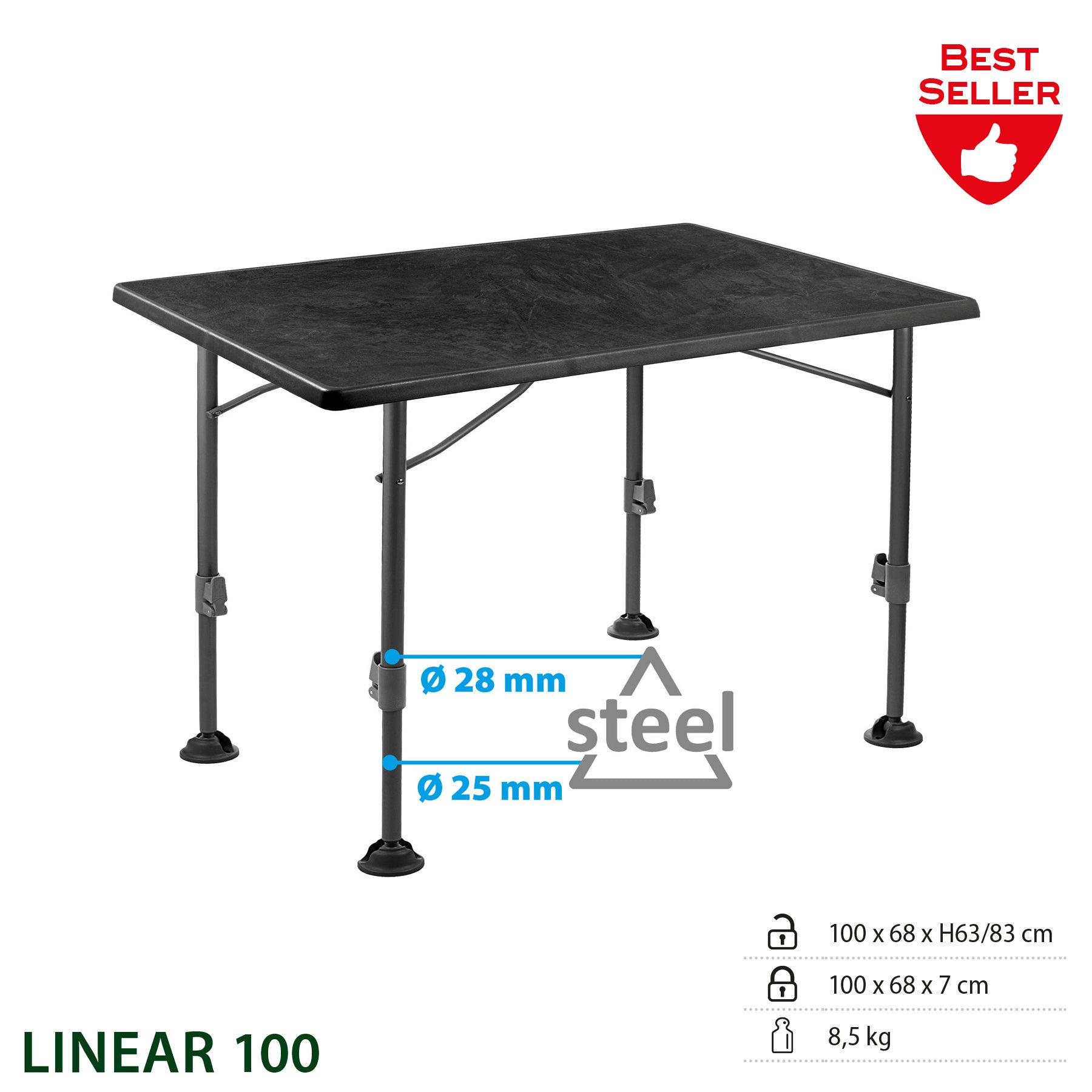 BRUNNER Table pliante Linear Black 100 Table de camping Table pliante Réglable en hauteur XL