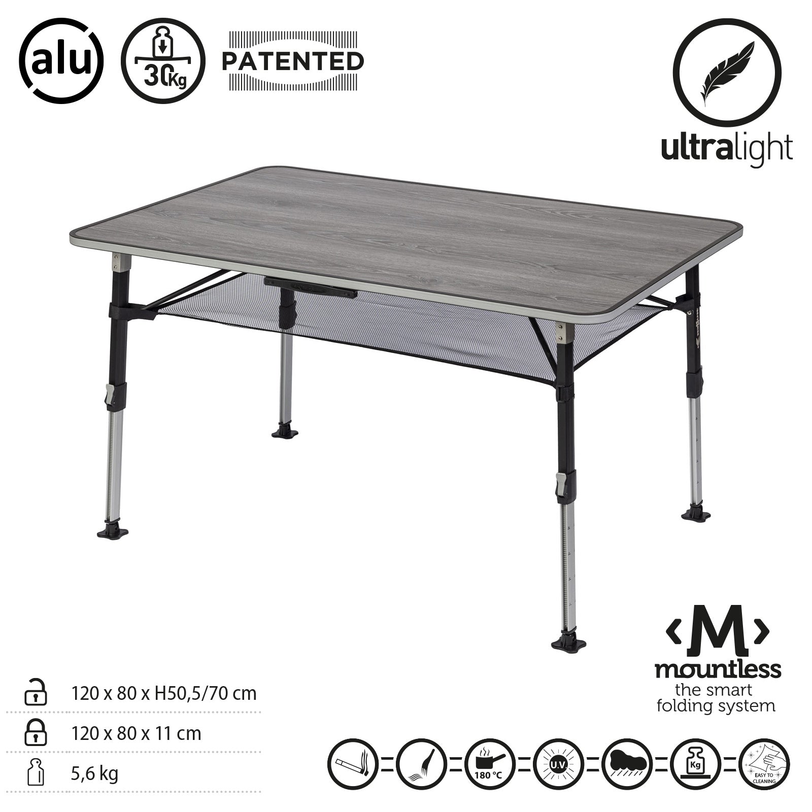 Table de camping pliante BRUNNER ELU NG 120, table de valise réglable en hauteur en aluminium