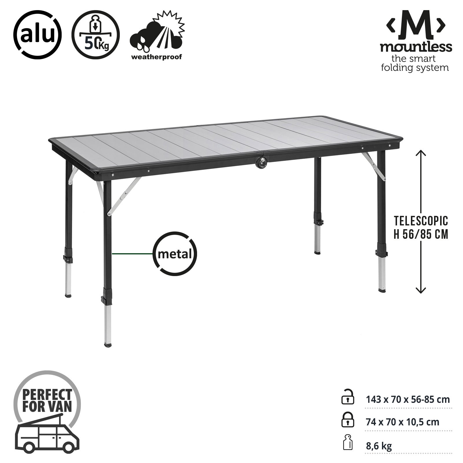 BRUNNER Campingtisch Dinemic 6 Koffertisch Klapptisch Falttisch Verstellbar Alu