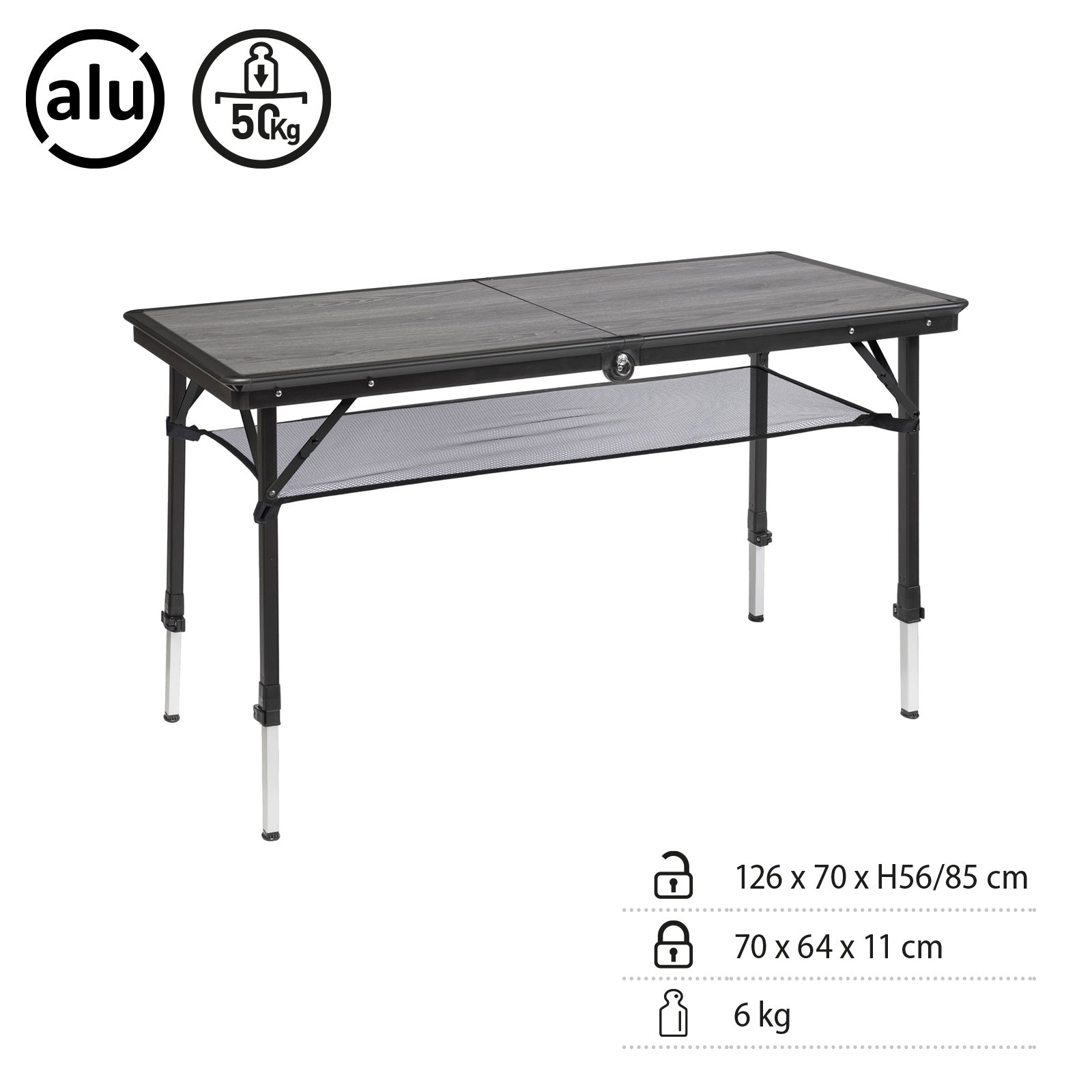 Table de camping pliante BRUNNER Dinemic Elutop, table de valise réglable en hauteur en aluminium