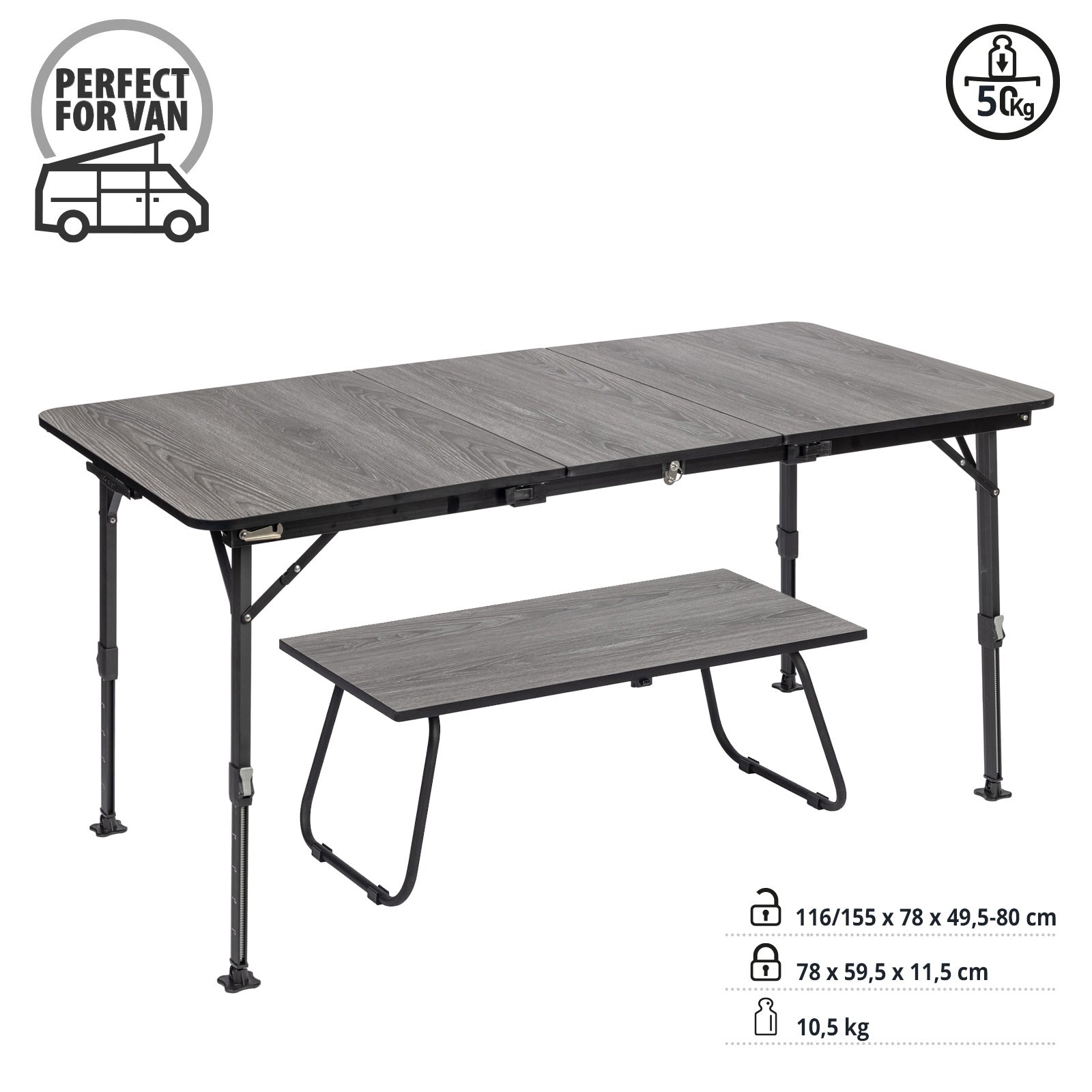 BRUNNER Campingtisch Klapptisch Elutop Extension Höhenverstellbar Holz Optik