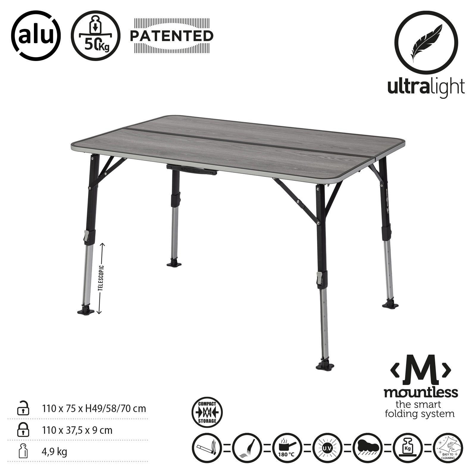 Table de camping BRUNNER, table pliante ELU Duplit NG, table de voyage, hauteur réglable, en aluminium