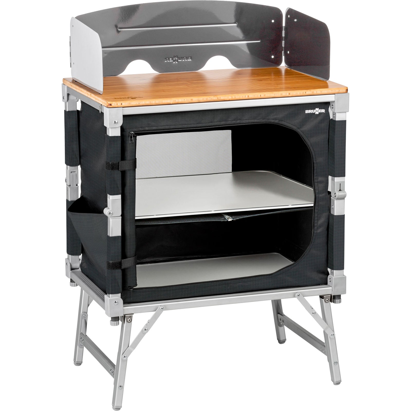 Cuisine de camping BRUNNER Azabache Cube Armoire pliante Grill Table pliante Bois de bambou