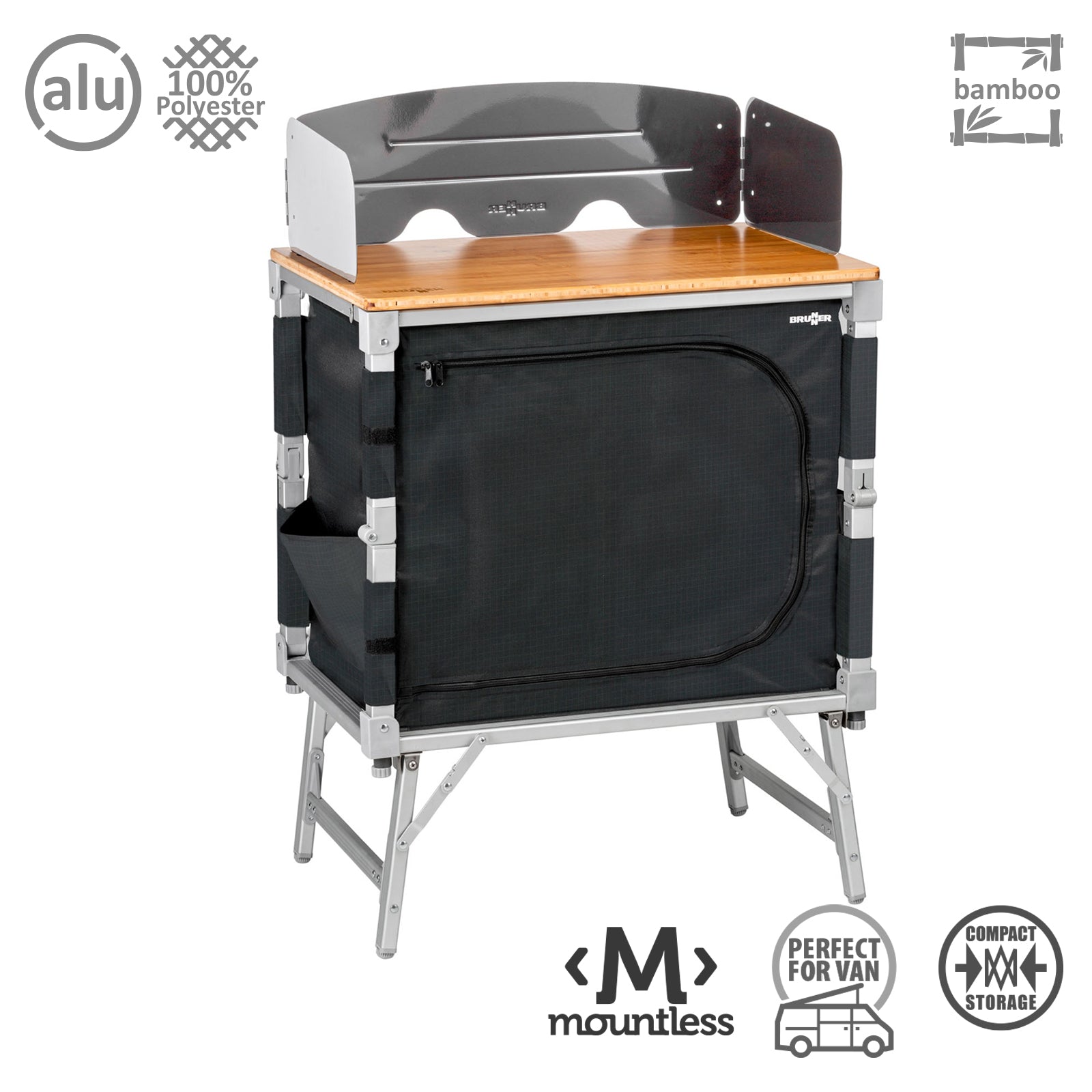 Cuisine de camping BRUNNER Azabache Cube Armoire pliante Grill Table pliante Bois de bambou