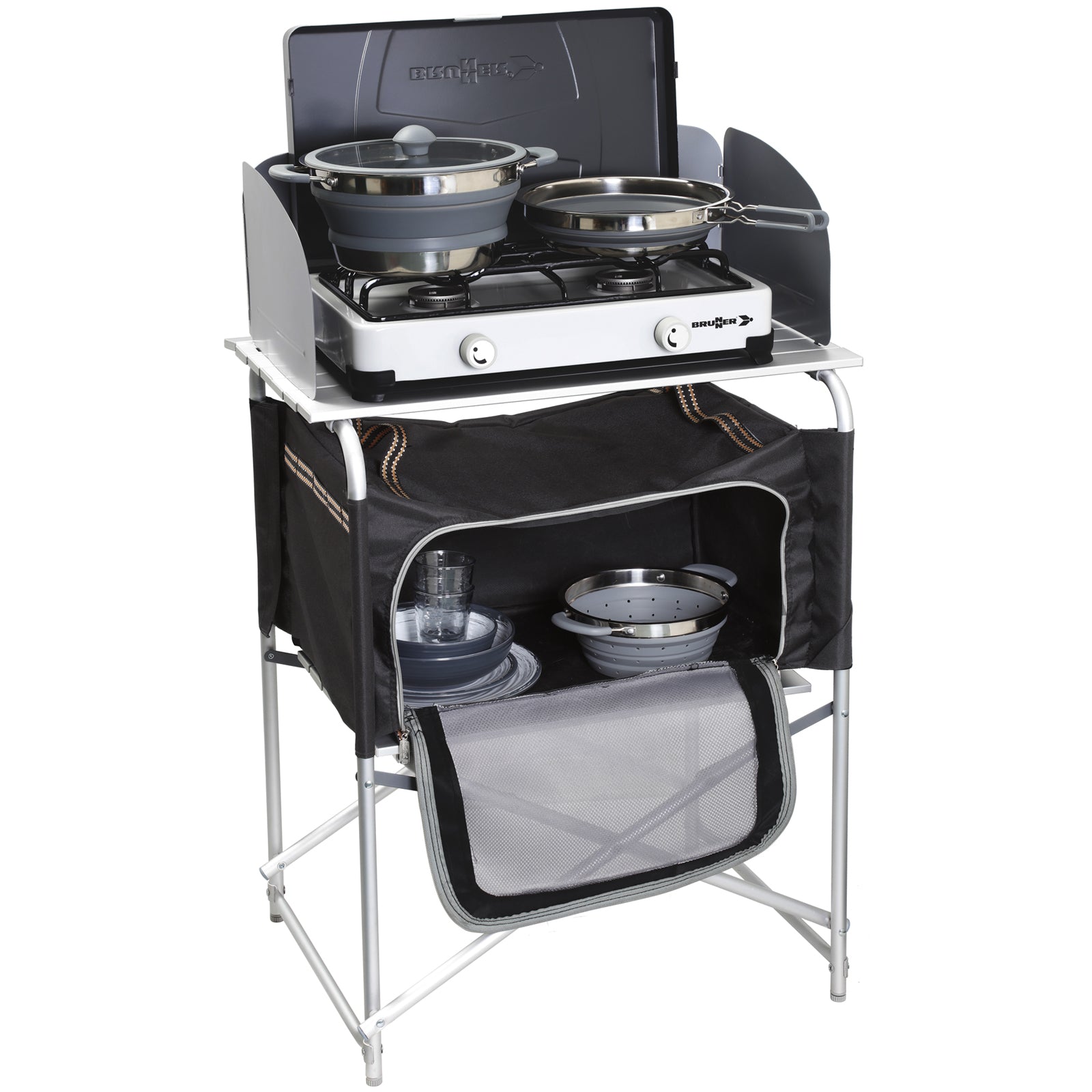 BRUNNER Camping Reise Küche Snack Basic Küchen Tisch Box Falt Schrank Windschutz