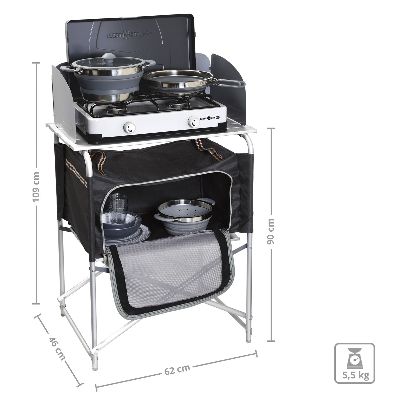 BRUNNER Camping Reise Küche Snack Basic Küchen Tisch Box Falt Schrank Windschutz