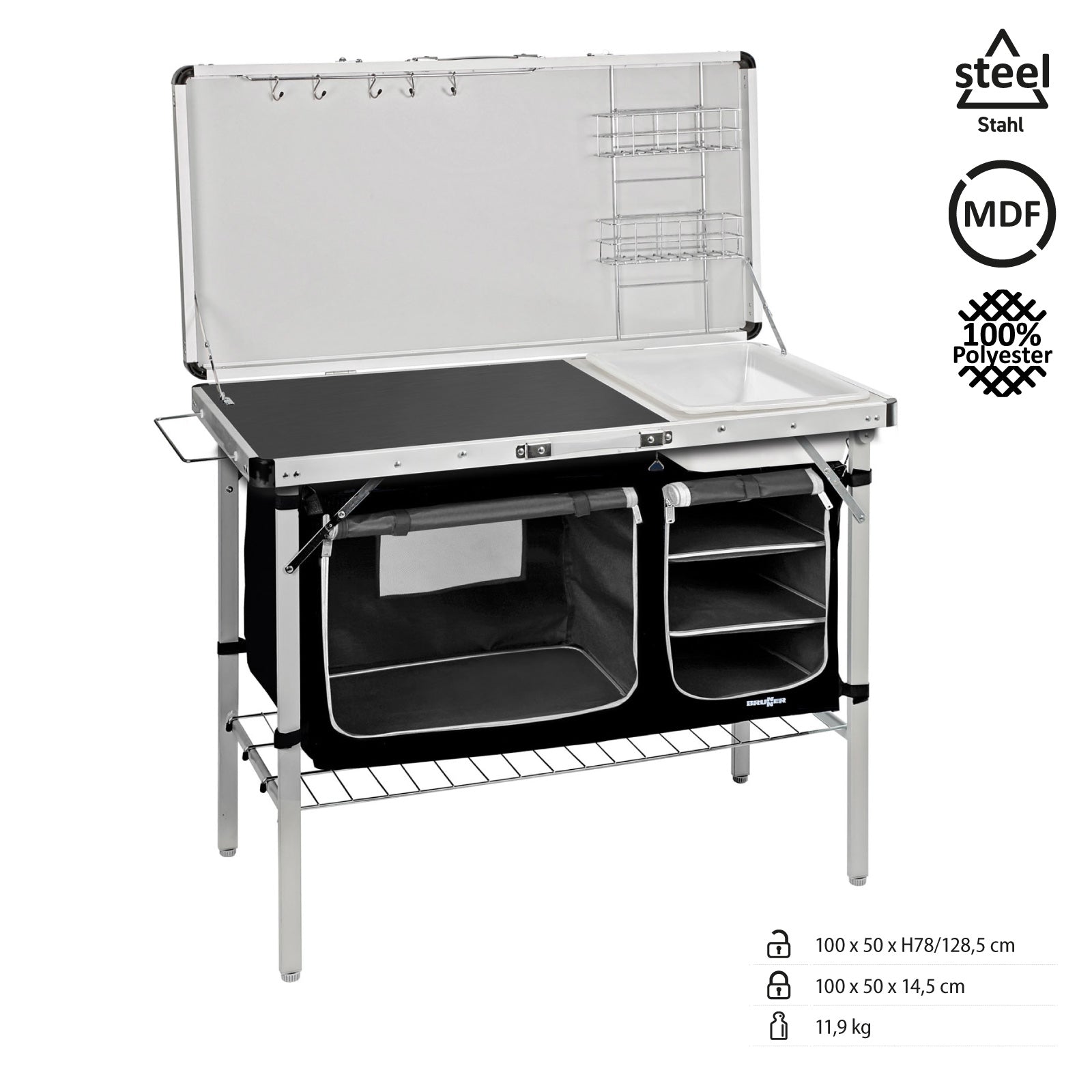 BRUNNER Camping Kitchen Drive In Black Cooking Box Camping Cabinet Kitchen Sink