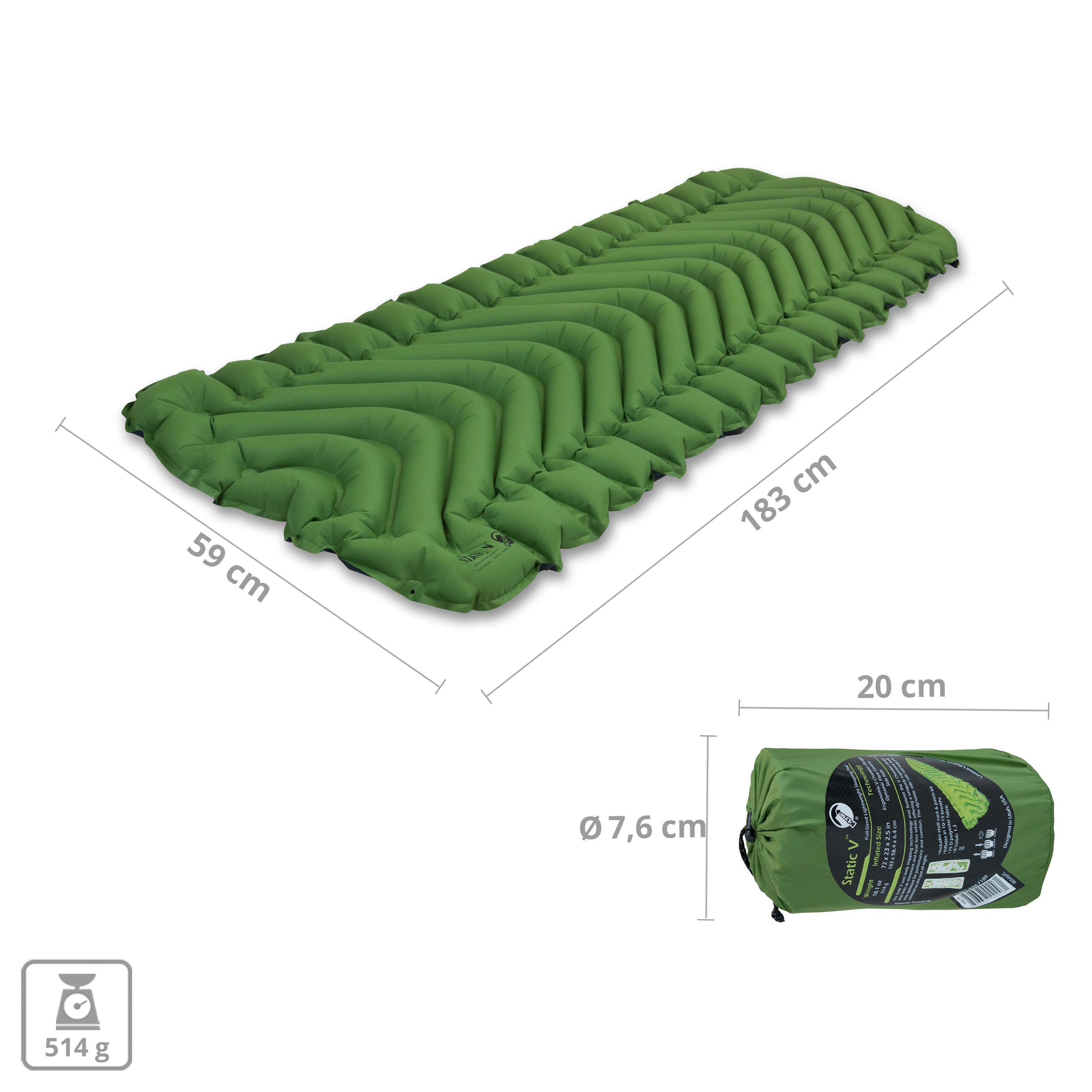 Matelas de couchage de trekking KLYMIT Static V, matelas pneumatique de camping thermique ultra léger 514 g