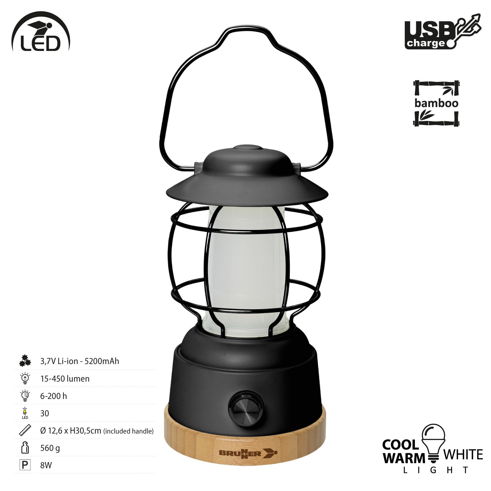 Lampe de camping BRUNNER Lyss, lanterne suspendue d'extérieur à piles, rechargeable par USB, LED à intensité variable