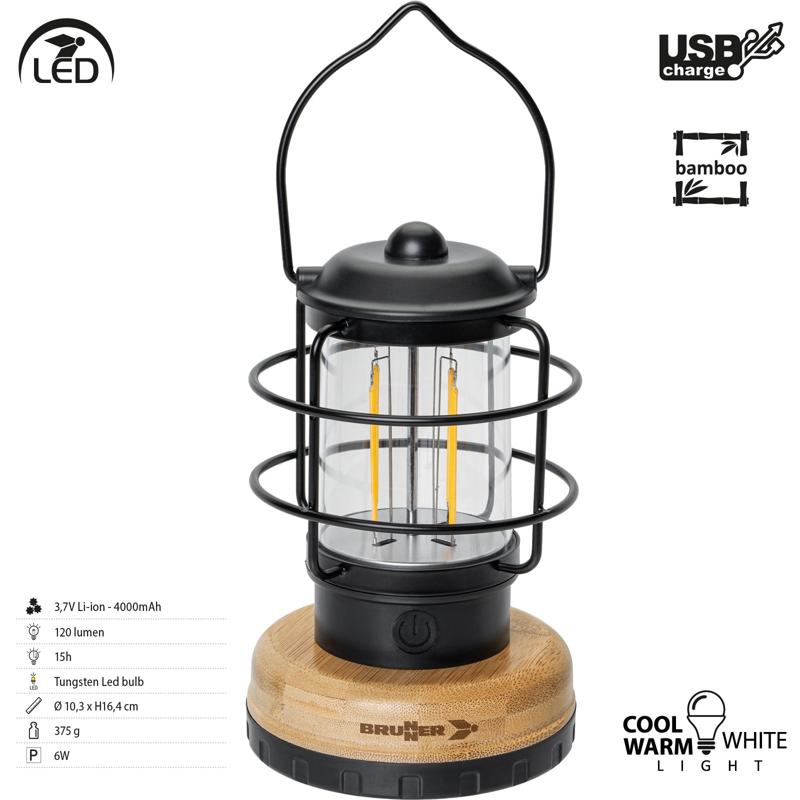 BRUNNER Campinglamp Lamparina Outdoor hanglamp, oplaadbare batterij, USB-oplaadbaar, LED