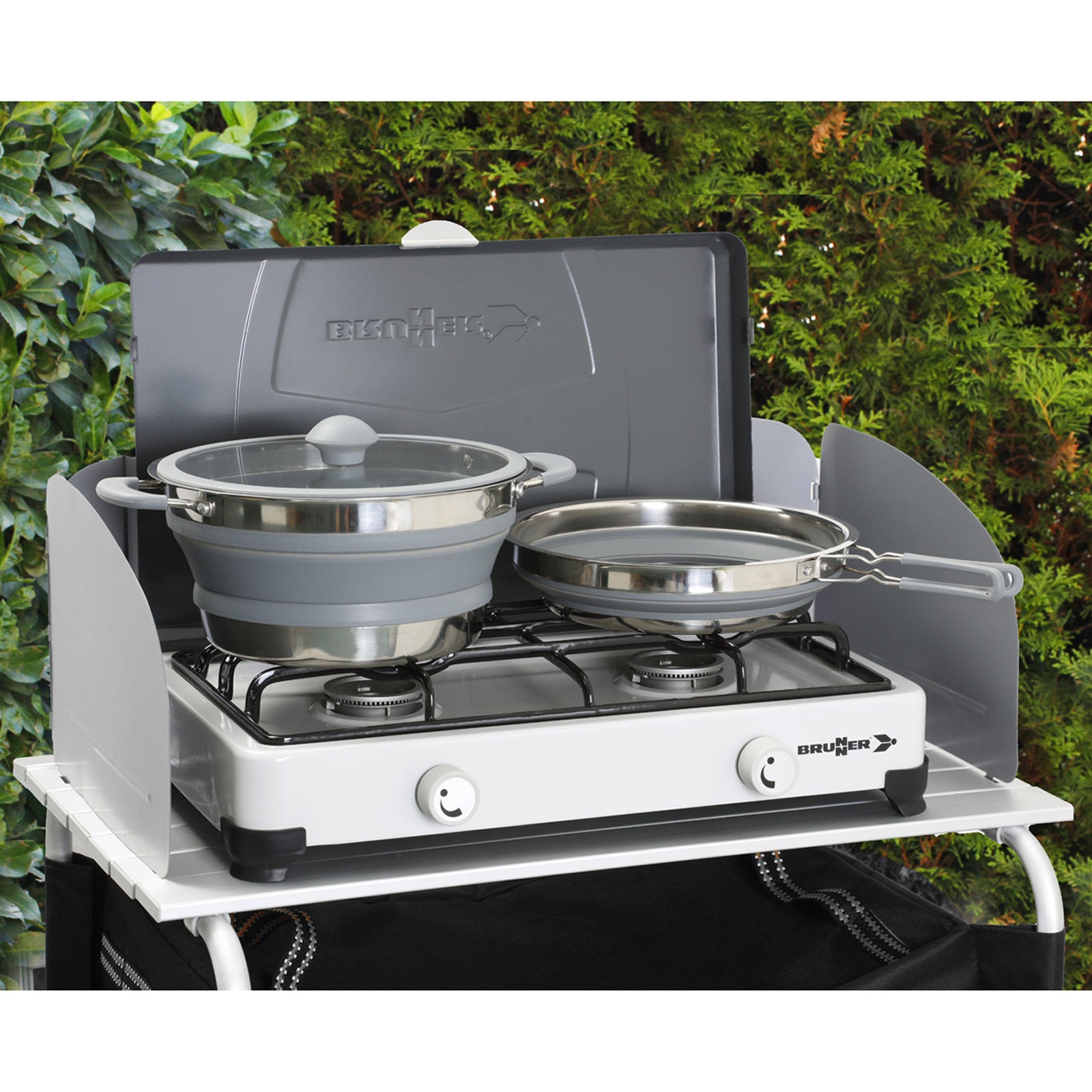 BRUNNER Koch Set Volcano Camping Küche Topf Pfanne Geschirr Stapelbar Silikon