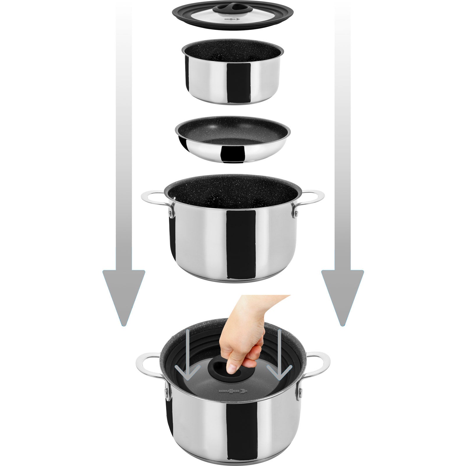 BRUNNER Camping Koch Geschirr Set Academy HIGH NG 7+1 22 cm Outdoor Topf Pfanne