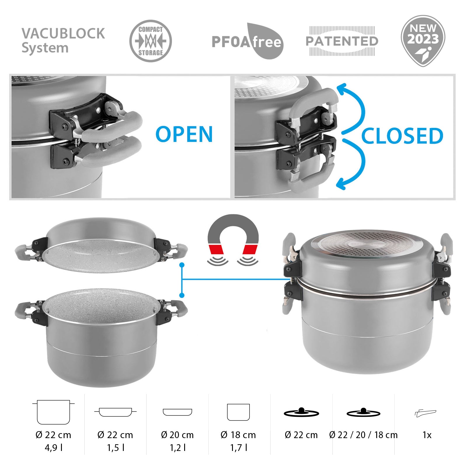 BRUNNER Ensemble d'ustensiles de cuisine Fusion 7+1 magnétiques pour camping, casseroles et poêles en céramique
