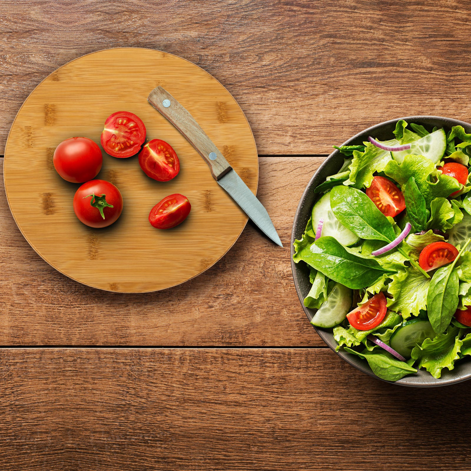 BRUNNER Camping Salatschüssel Greenkick Brett Salat Besteck Melamin Bambus Ø25cm