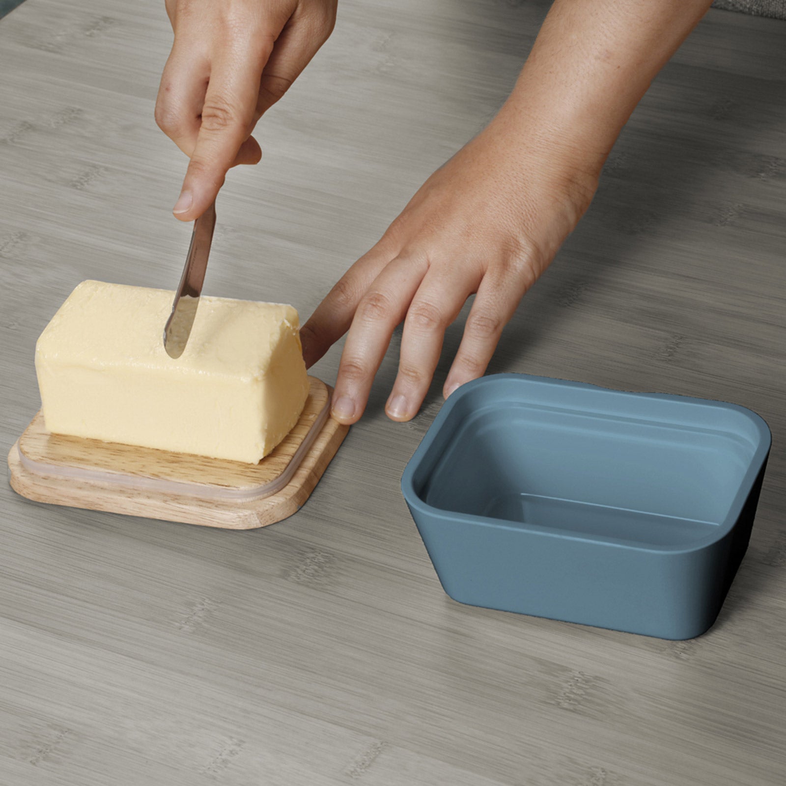 BRUNNER Melamin Butterdose Butter Schale Behälter Holz Brett Deckel Eckig