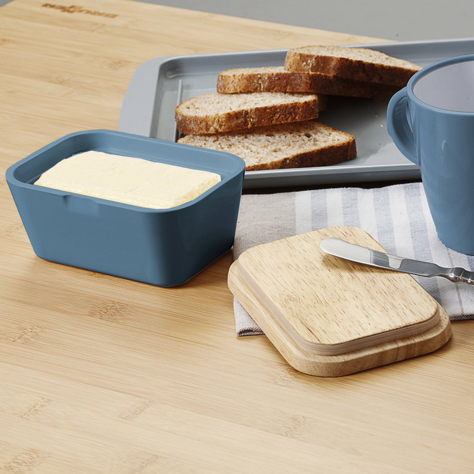 BRUNNER Melamine Butter Dish Butter Bowl Container Wooden Board Lid Square