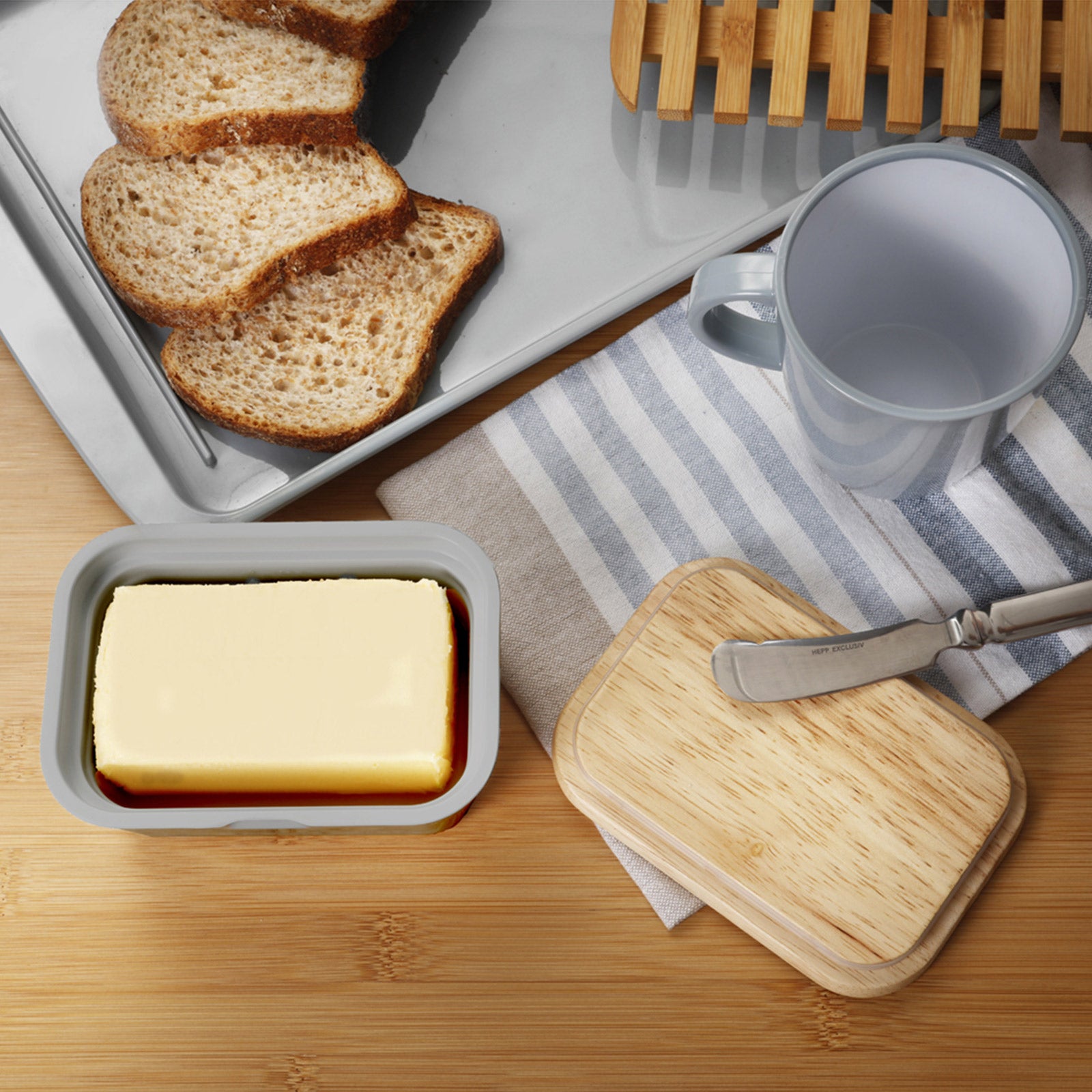 BRUNNER Melamin Butterdose Butter Schale Behälter Holz Brett Deckel Eckig