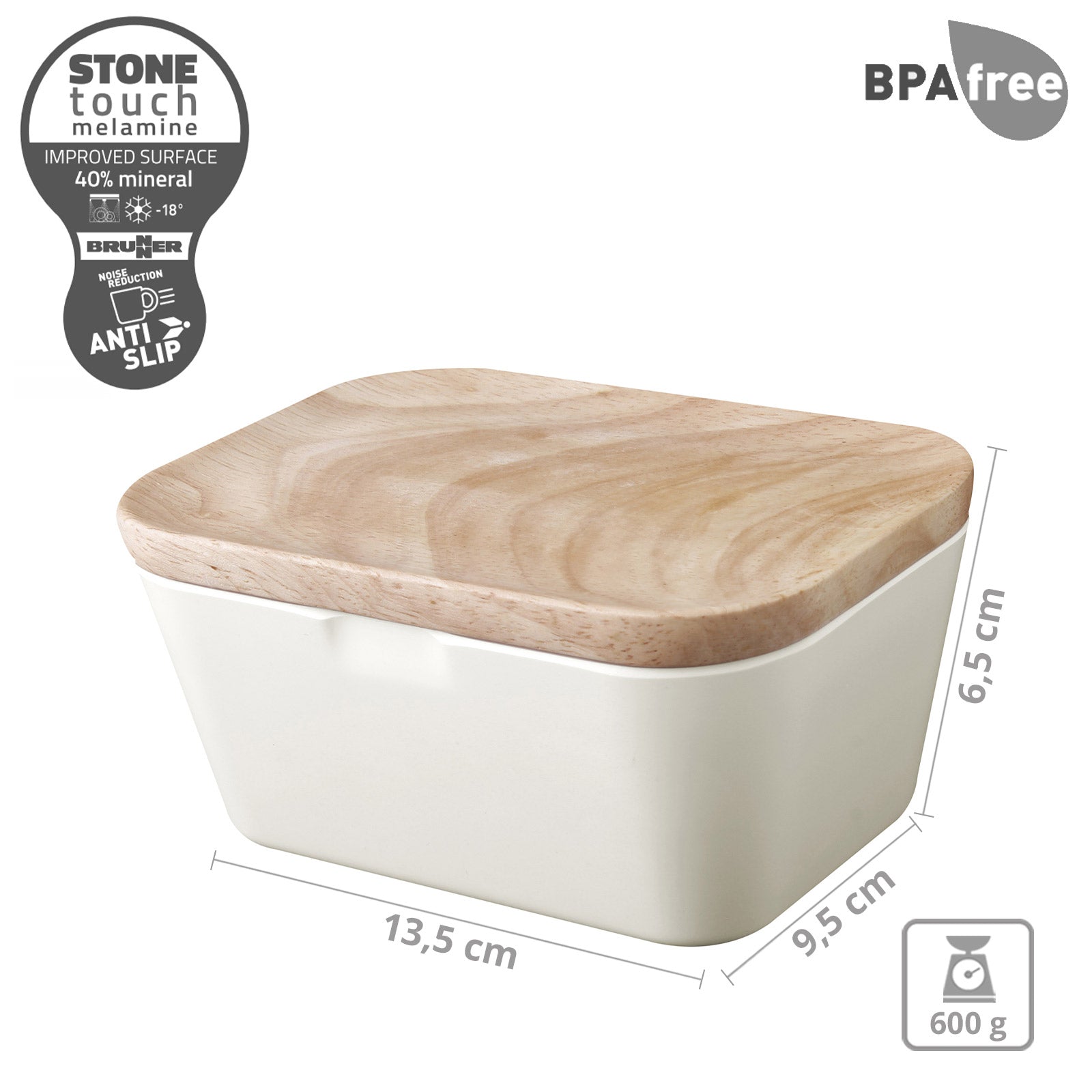 BRUNNER Melamine Butter Dish Butter Bowl Container Wooden Board Lid Square