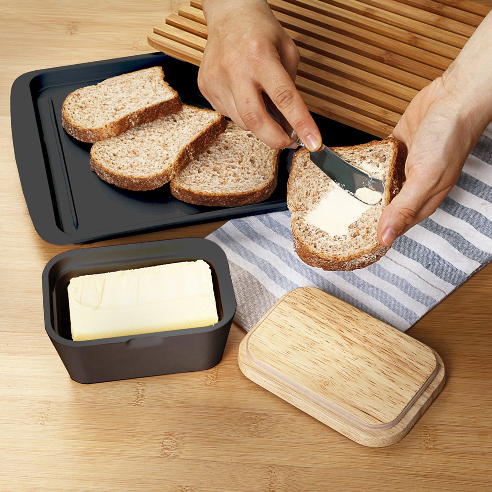 BRUNNER Melamine Butter Dish Butter Bowl Container Wooden Board Lid Square