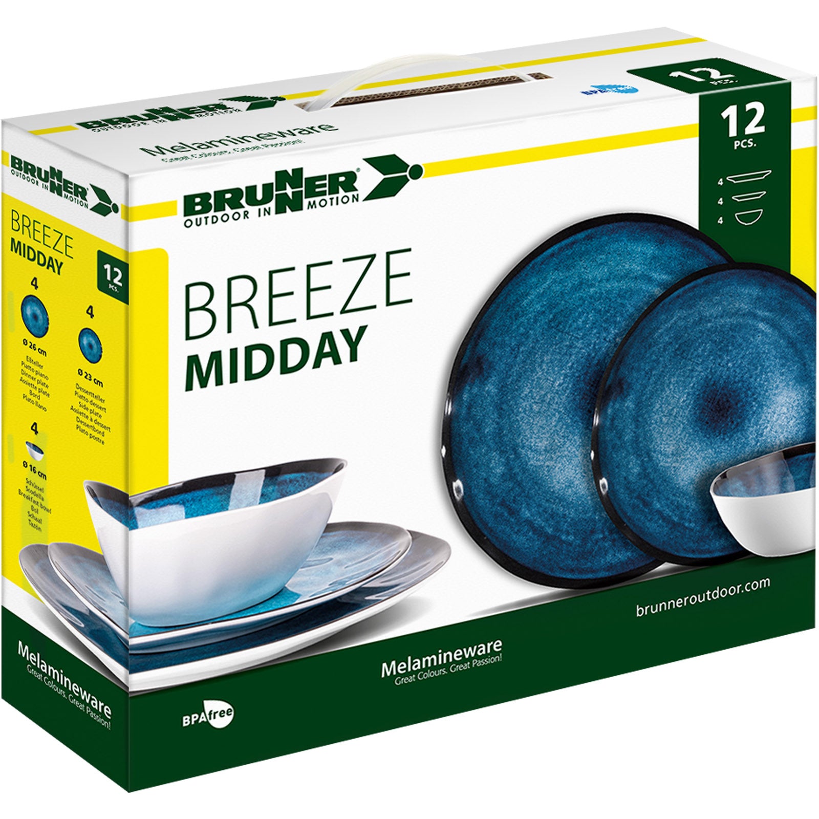 BRUNNER : set de vaisselle de camping en mélamine « Midday Breeze » (assiettes et bols), 12 pièces