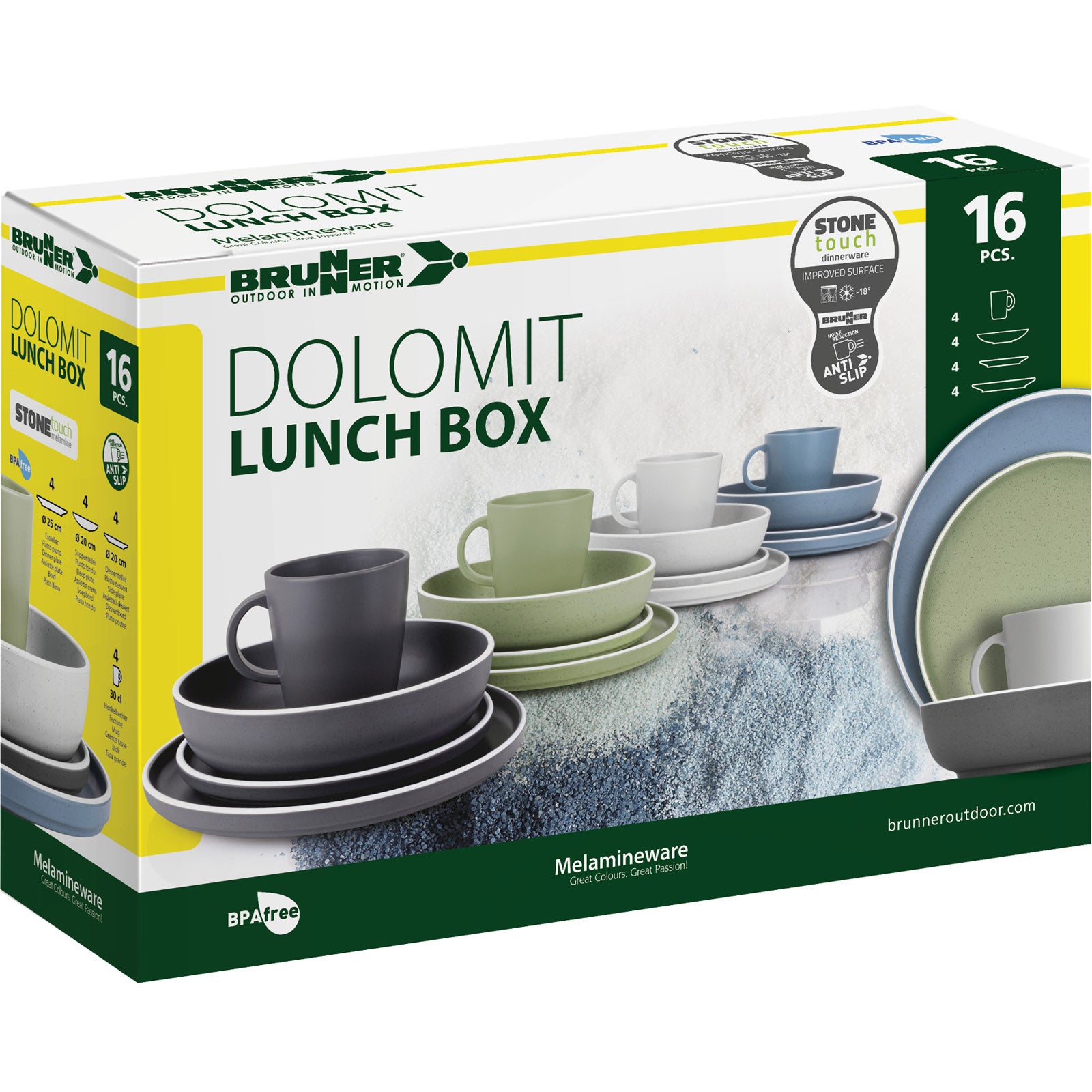 BRUNNER Melamin Geschirr Set Lunch Box Dolomit Stone Touch Camping Teller 16tlg