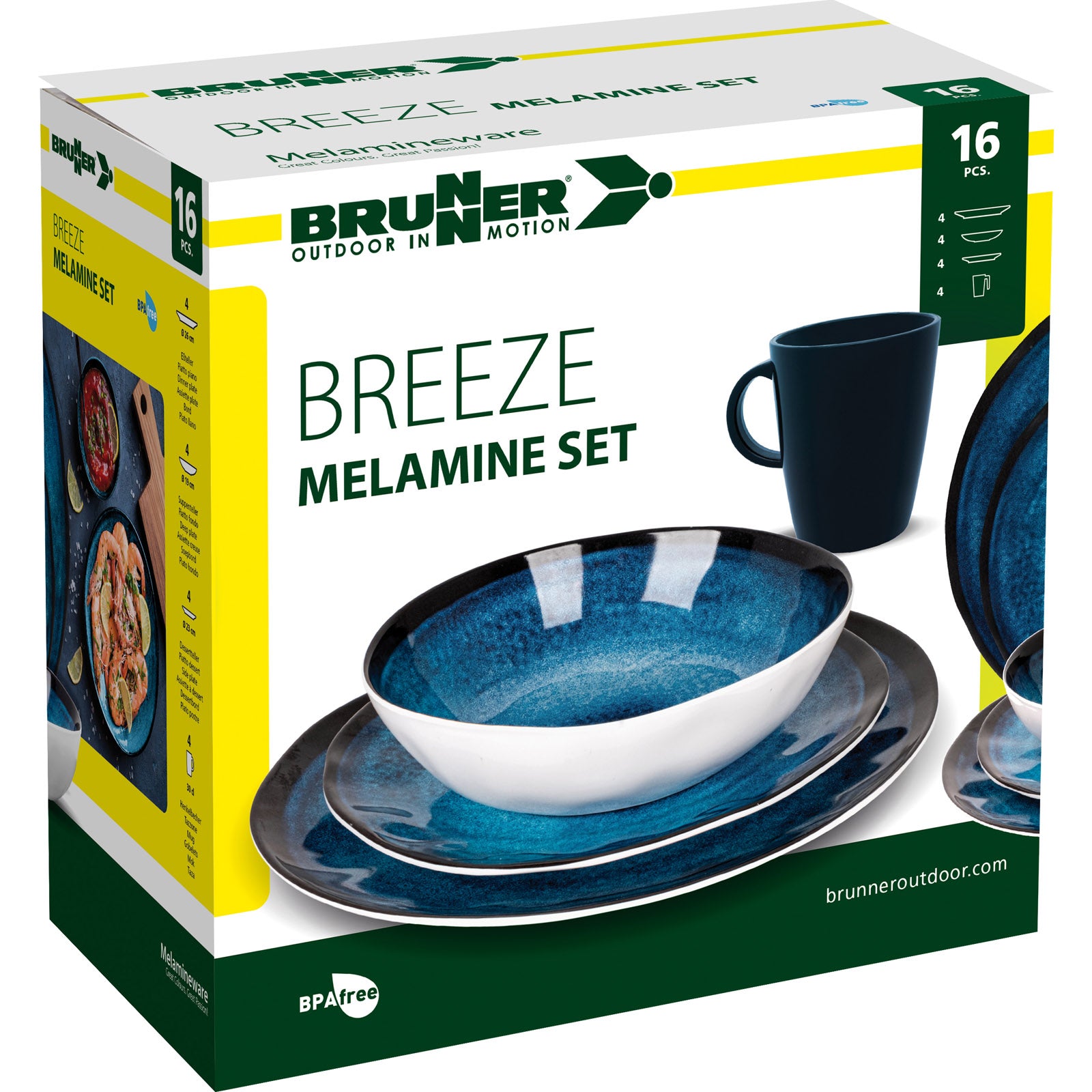 Service de table de camping BRUNNER Breeze, assiettes, gobelets, mélamine, 16 pièces