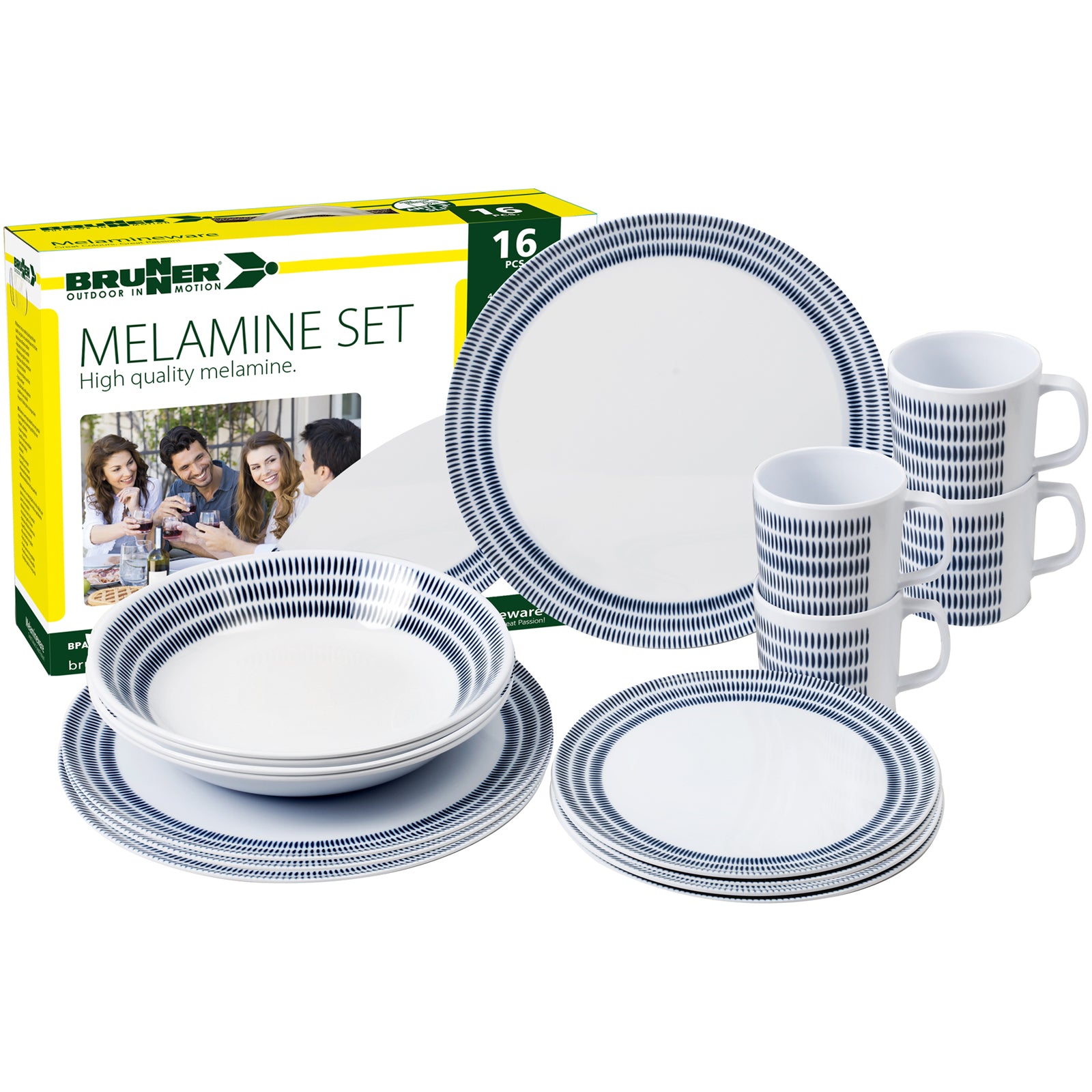 BRUNNER : service de table en mélamine Bluebay, 16 pièces, assiettes et tasses de voyage pour le camping