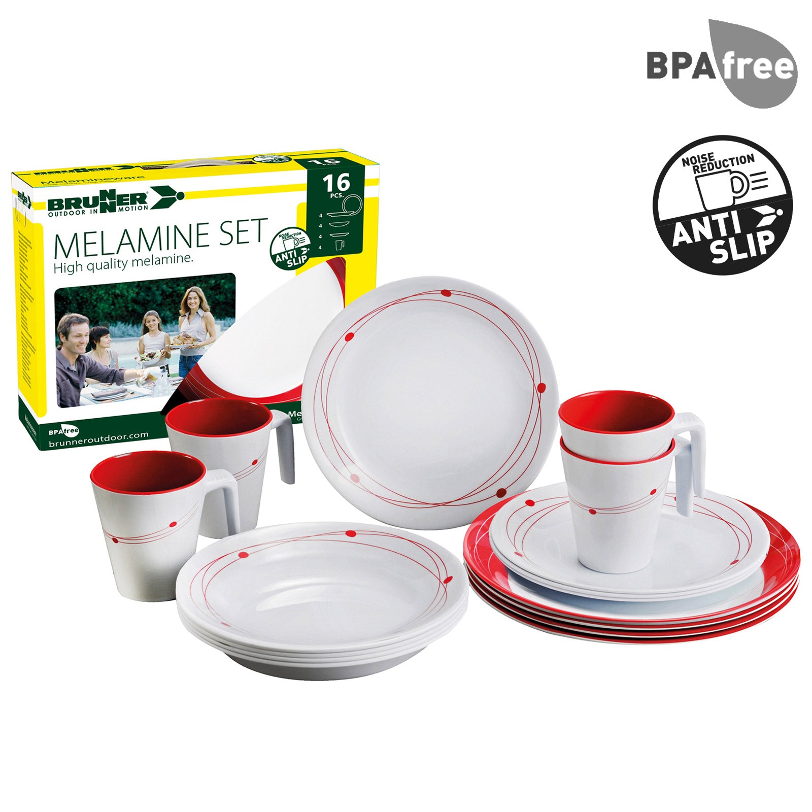 Service de table en mélamine BRUNNER Cosmic 16 pièces, assiette, tasse et tasse de voyage pour le camping