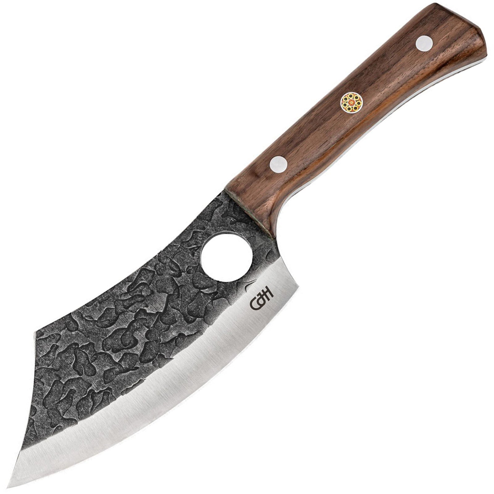 Couteau de cuisine d'extérieur CJH, lame pleine soie, couteau de camping à attacher à la ceinture, étui en bois de noyer
