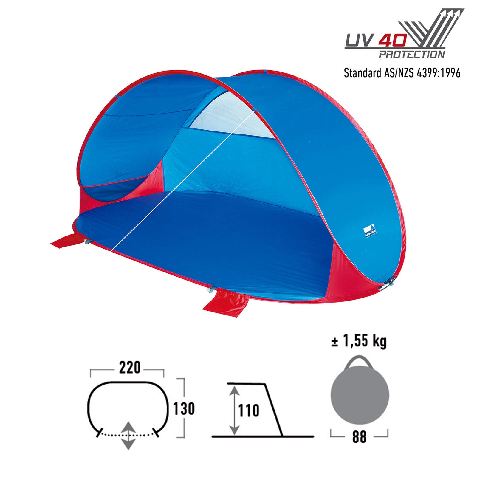 HIGH PEAK Beach Tent Lagoon - Pop-Up Beach Shelter Sun Protection UV40 Extra Large