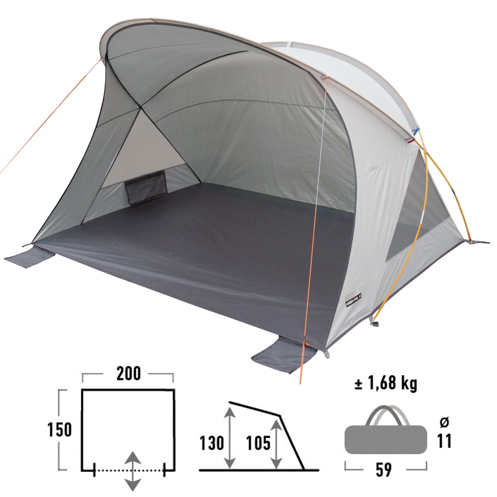 Abri de plage HIGH PEAK Cadiz 80 - Tente de plage avec protection solaire, grande taille, protection contre le vent, UV80