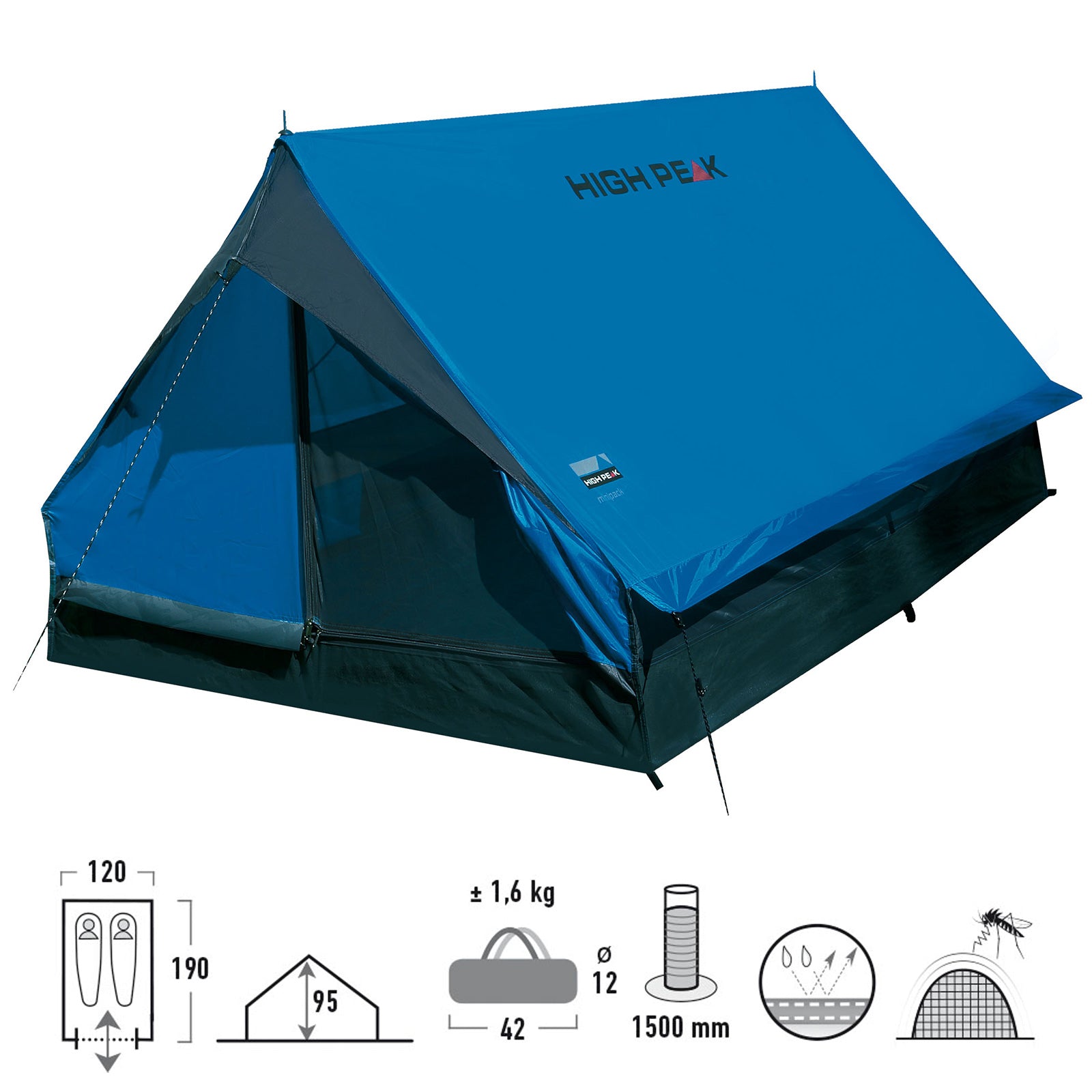 HIGH PEAK Trekkingzelt Minipack 1-2 Personen 1 Mann Camping Zelt Fahrrad 1,6 kg