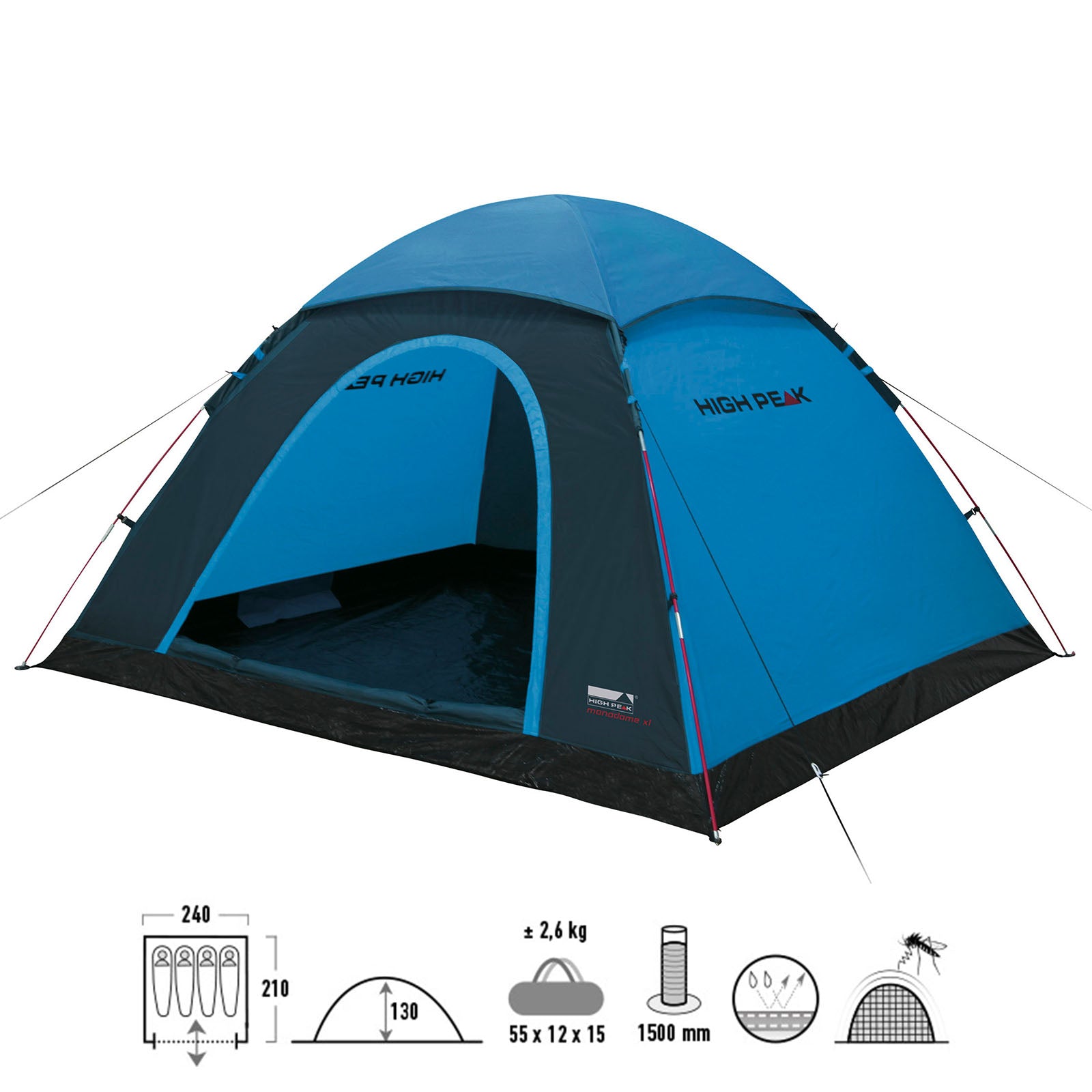 Tente dôme HIGH PEAK Monodome XL 4 personnes – Tente de camping pour vélo – Tente familiale – Grande