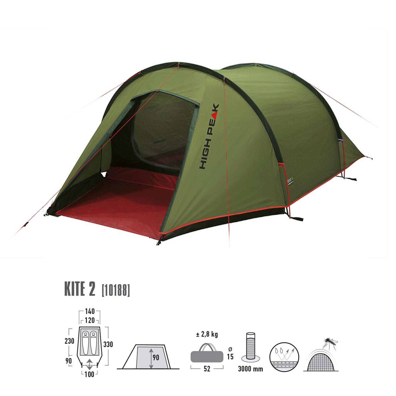 Tente tunnel HIGH PEAK Kite 2 personnes tente vélo camping vélo trekking vestibule