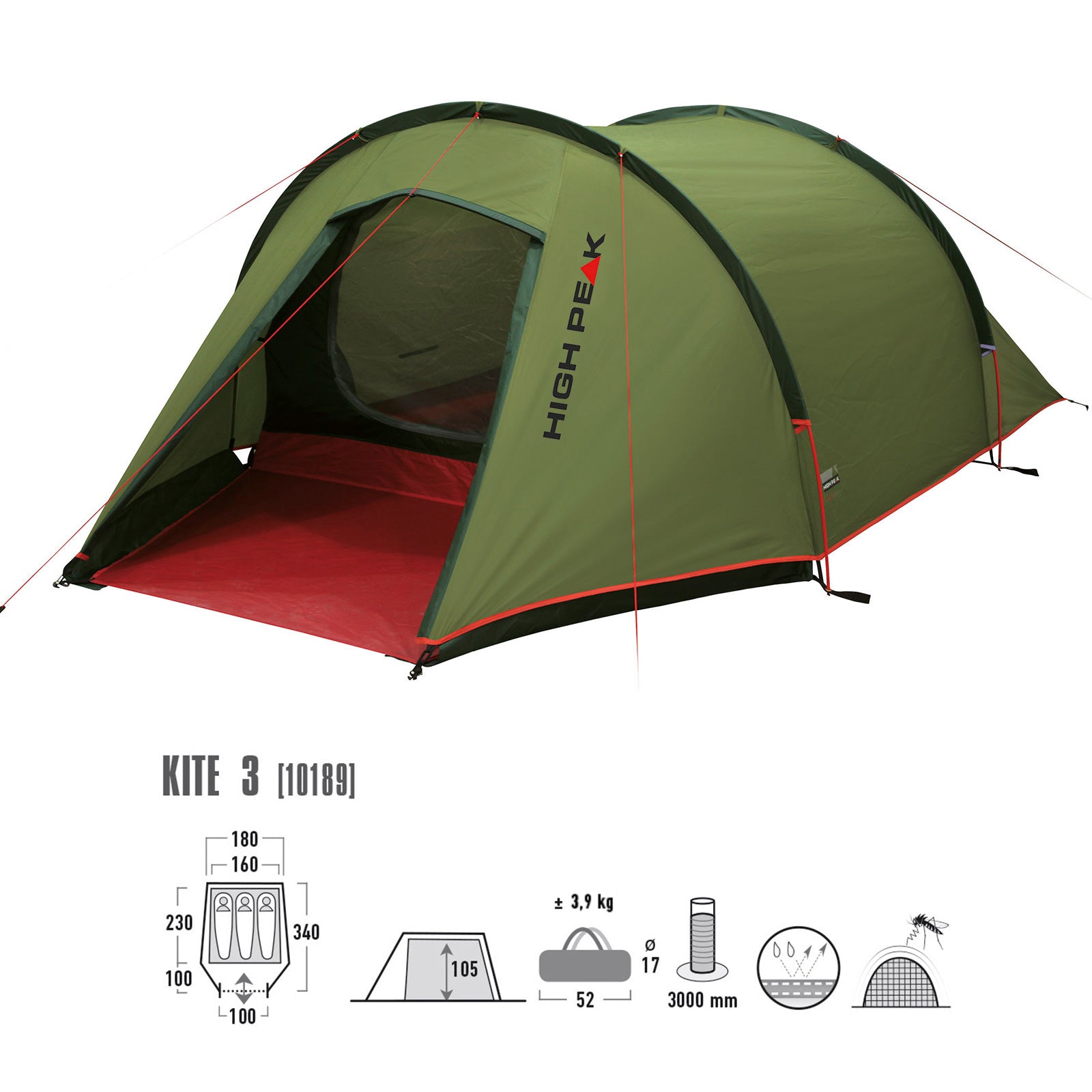 Tente tunnel HIGH PEAK Kite 3 personnes – Tente de vélo, camping à vélo, randonnée, vestibule