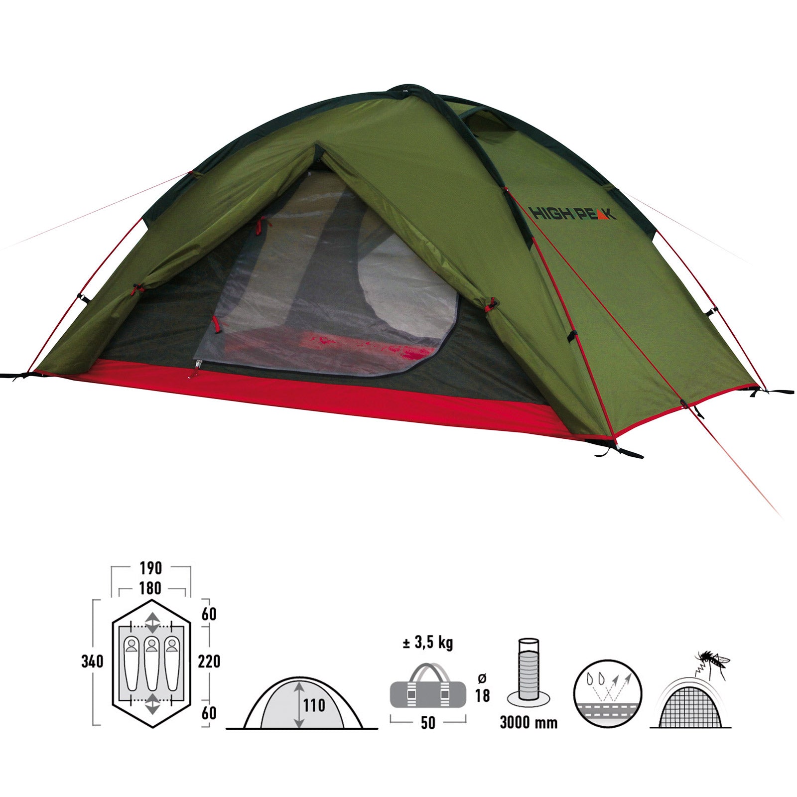 HIGH PEAK Woodpecker 3 person tent - camping tent dome tent igloo tent - lightweight