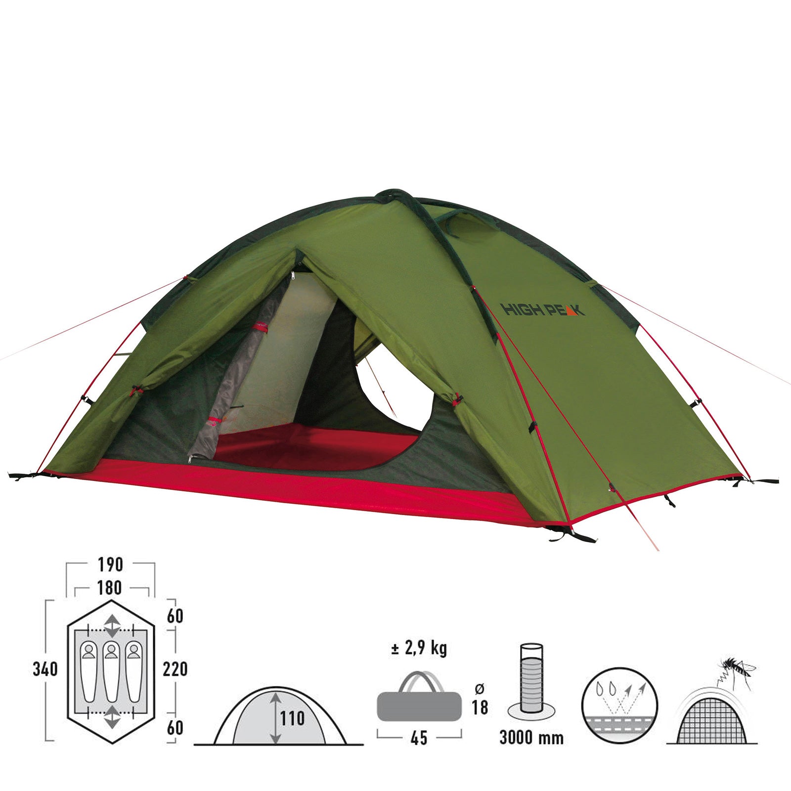 HIGH PEAK Trekkingzelt Woodpecker LW 3 Personen Camping Kuppel Bike Zelt 2,9 kg