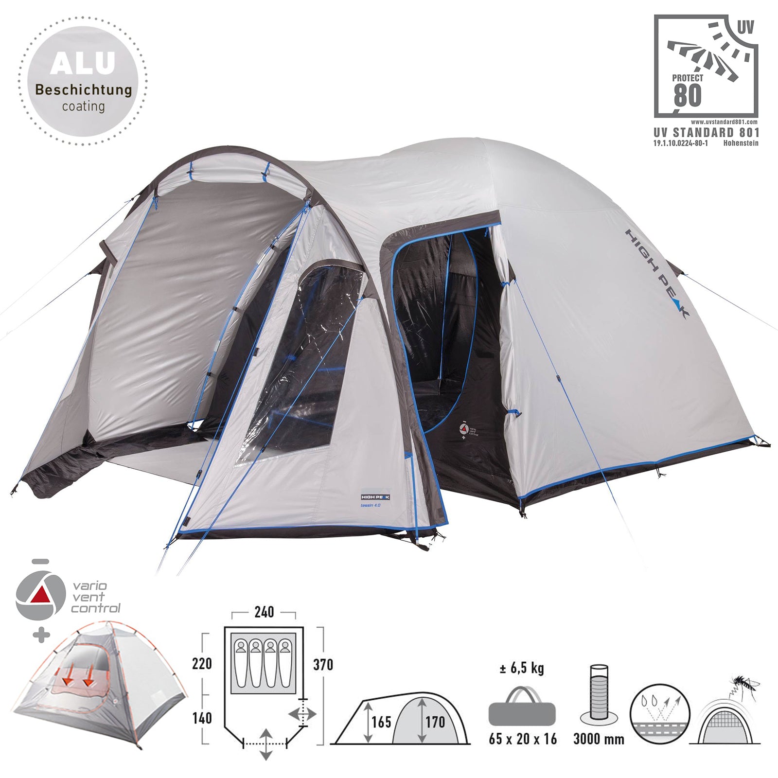 HIGH PEAK dome tent Tessin 4 people camping igloo tent family tent vestibule