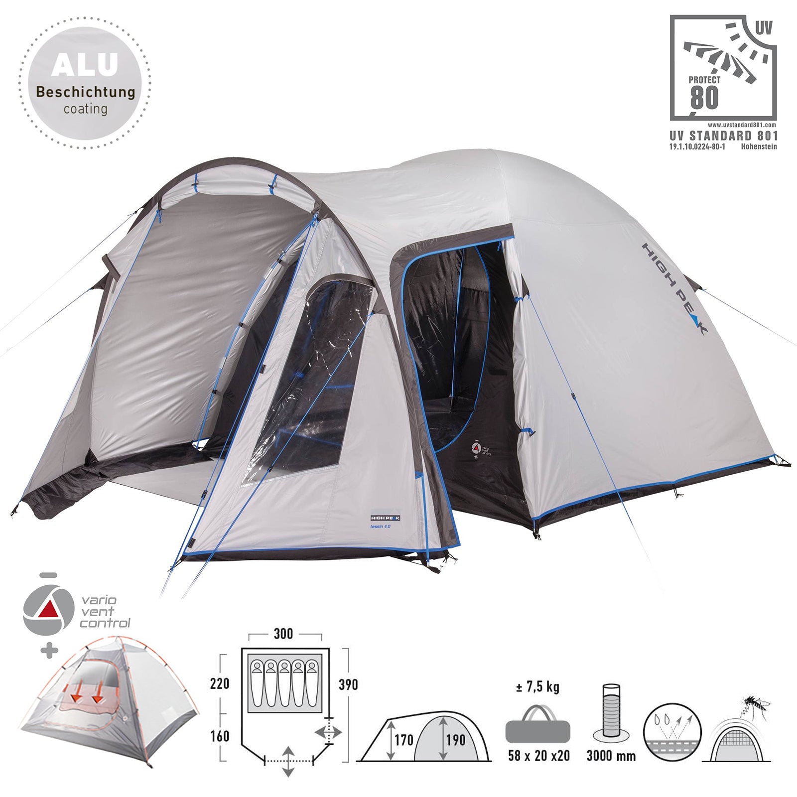 HIGH PEAK Kuppelzelt Tessin 5 Personen Camping Iglu Zelt Familienzelt Vorraum