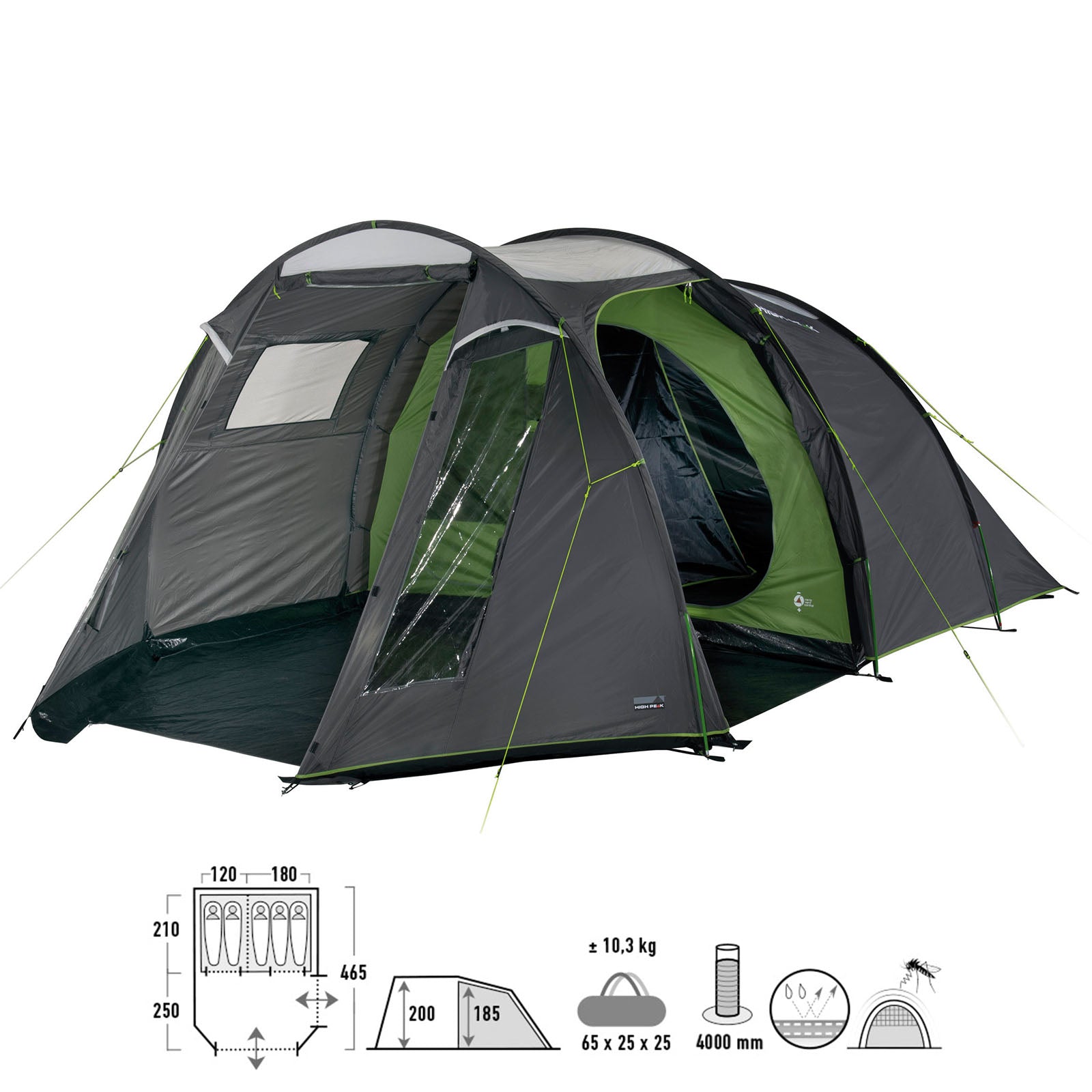 HIGH PEAK tunnel tent Ancona 5 person camping group tent family tent vestibule