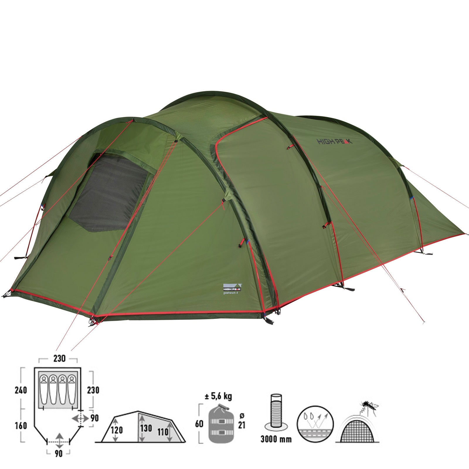 HIGH PEAK Tunnelzelt Goshawk 4 Personen Camping Gruppen Familien Zelt Vorraum